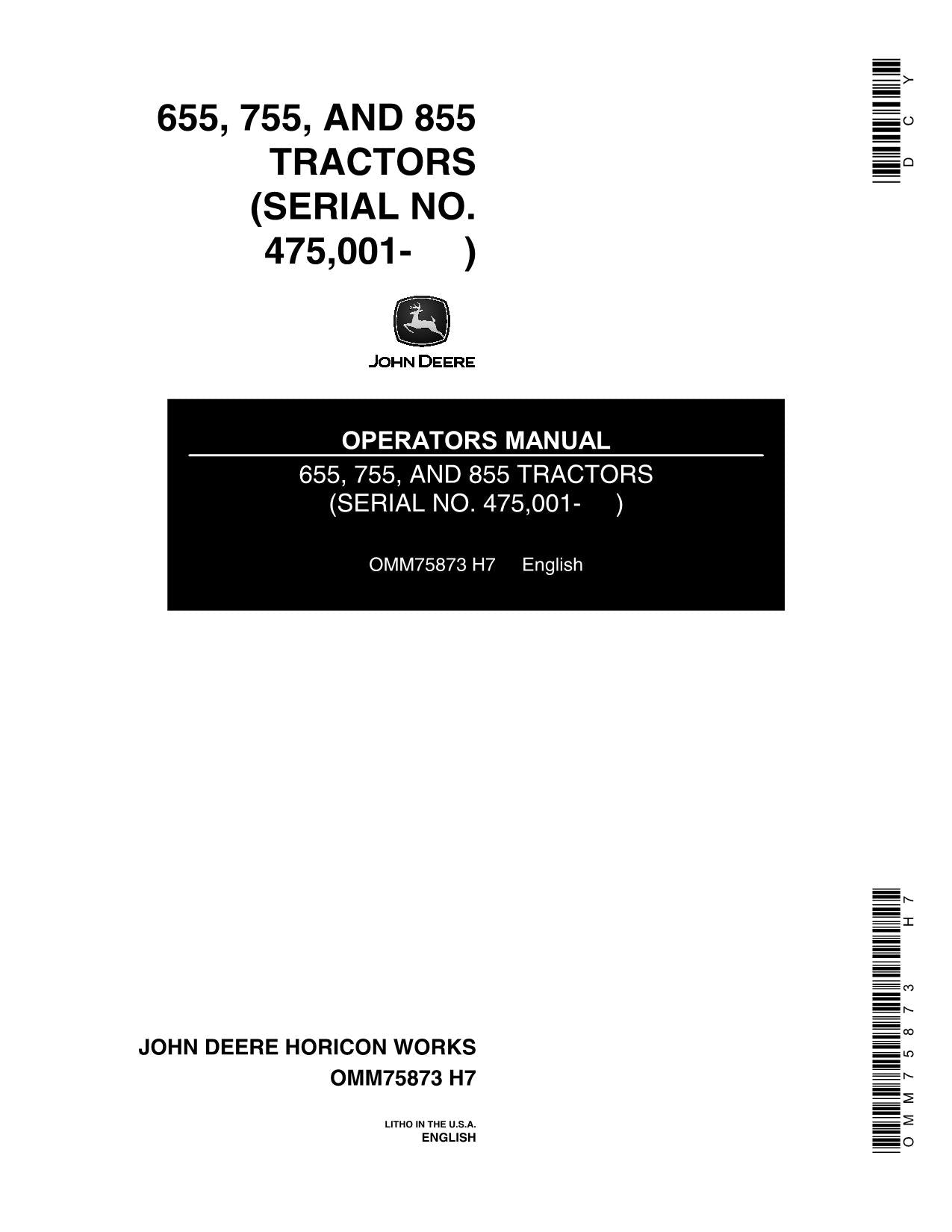 JOHN DEERE 655 755 855 TRACTOR OPERATORS MANUAL  475001-615000