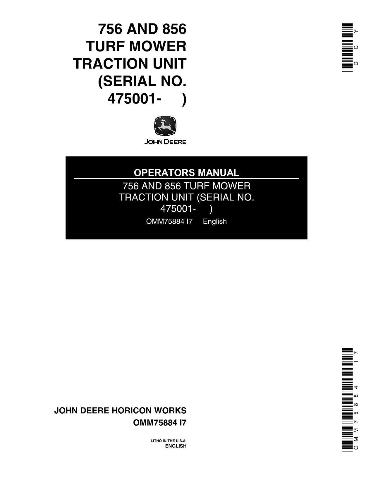 JOHN DEERE 756 856 TRACTOR OPERATORS MANUAL   475001-