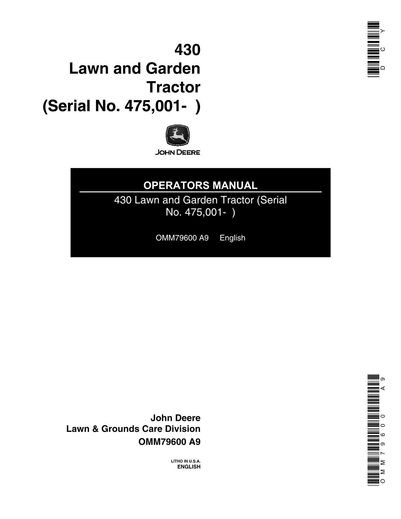 JOHN DEERE 430 TRACTOR OPERATORS MANUAL 475001-999000