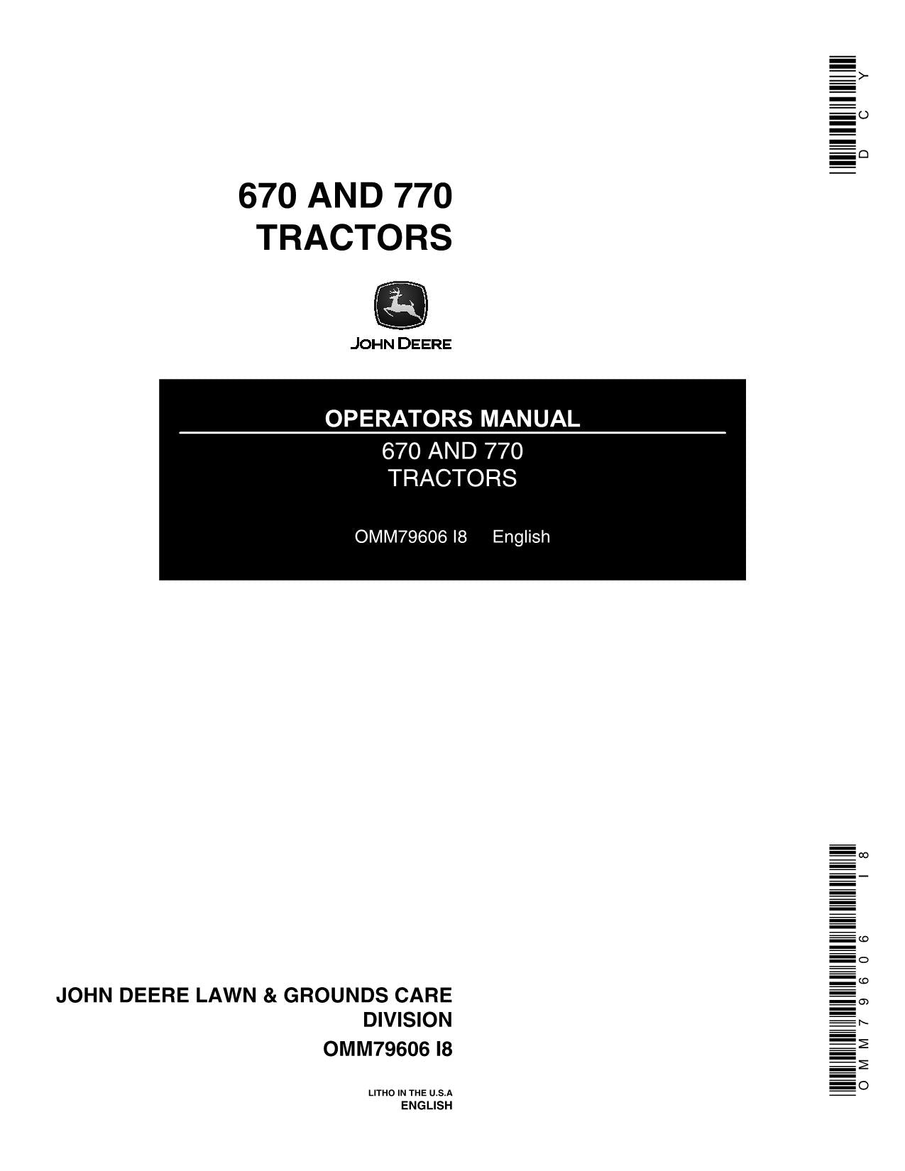 MANUEL D'UTILISATION DU TRACTEUR JOHN DEERE 670 770 000000-100000