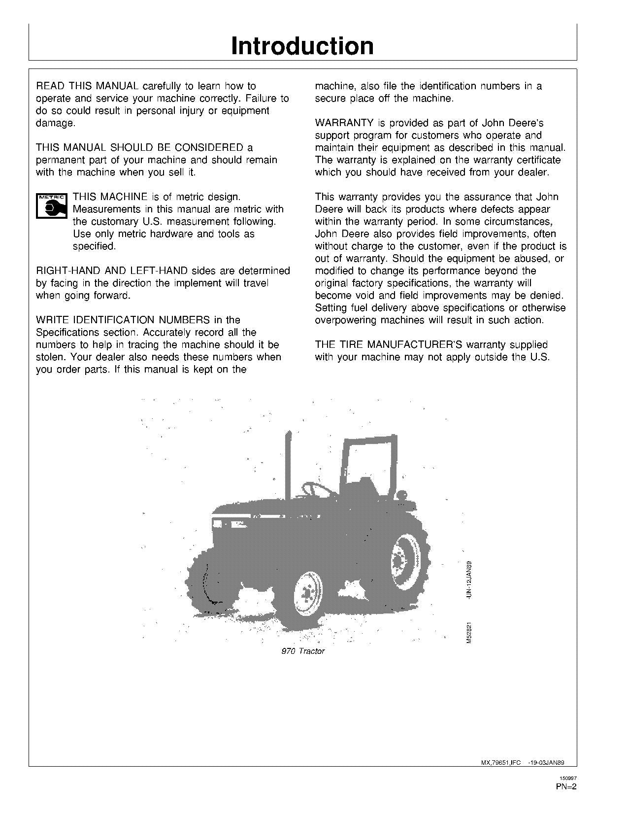 JOHN DEERE 1070 870 970 TRAKTOR-BETRIEBSHANDBUCH Serie 1001 - 100000