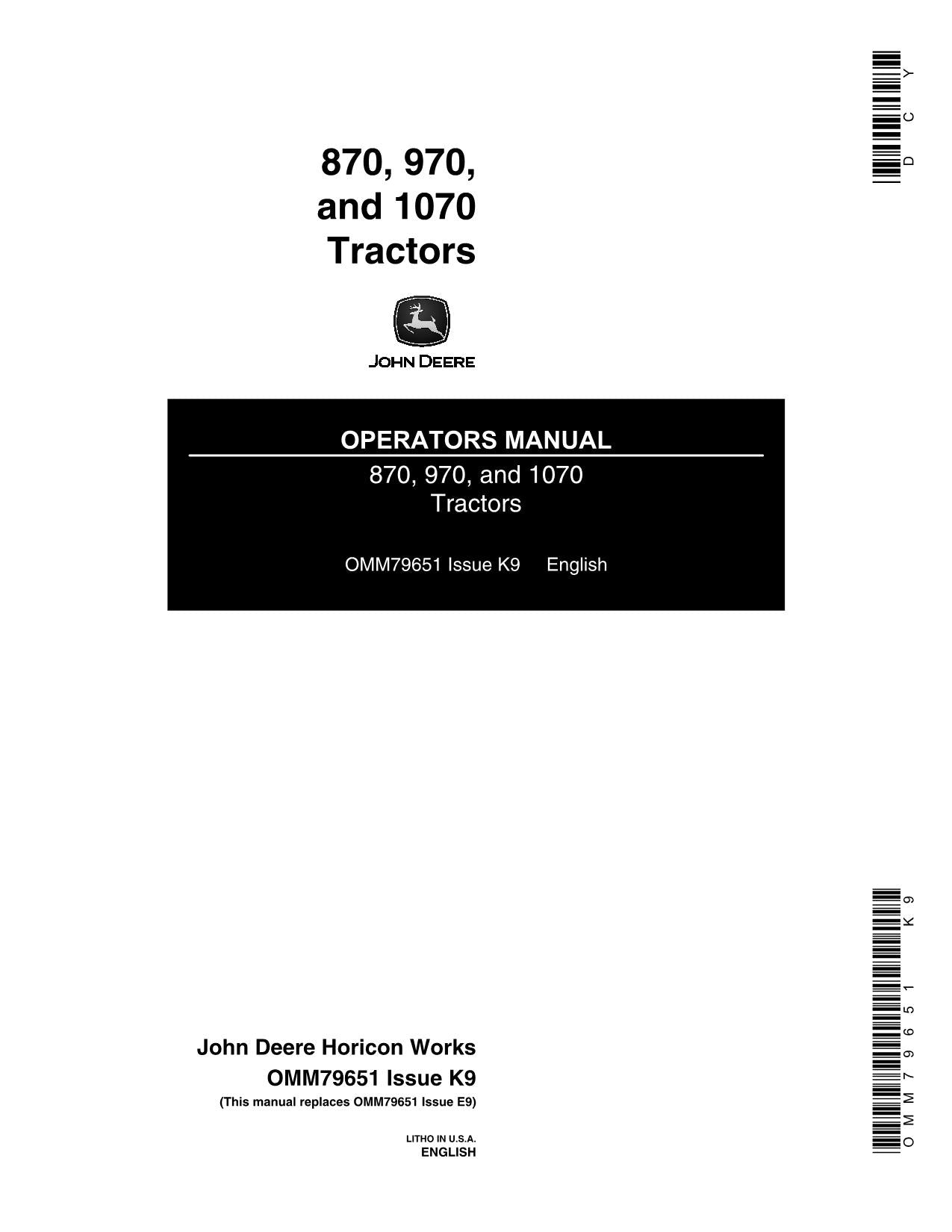 JOHN DEERE 1070 870 970 TRAKTOR-BETRIEBSHANDBUCH Serie 1001 - 100000