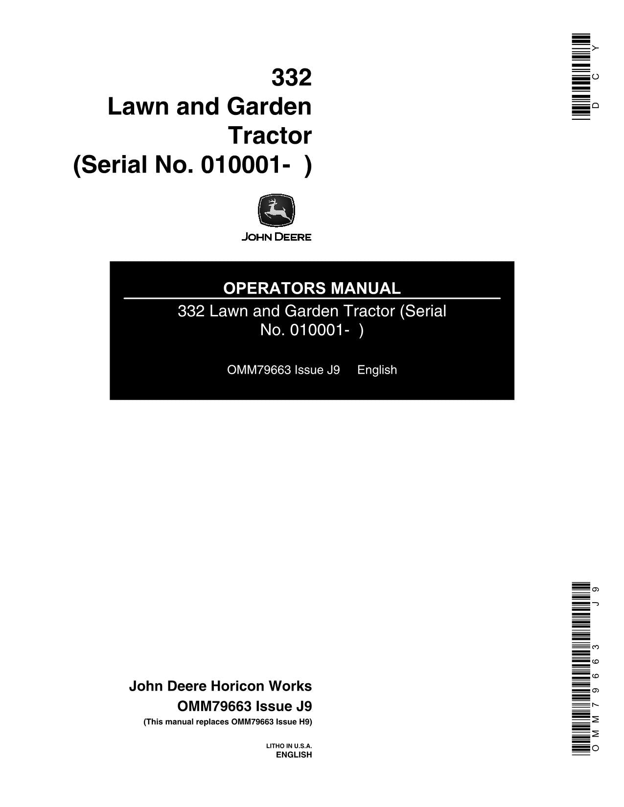 JOHN DEERE 332 TRACTOR OPERATORS MANUAL SER 010001-