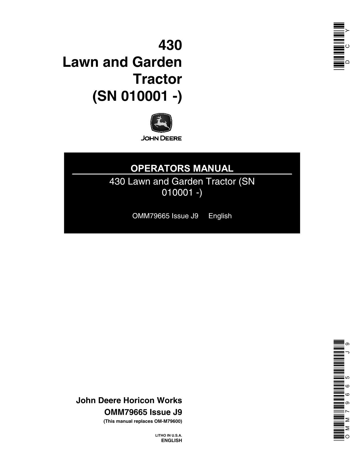 JOHN DEERE 430 TRACTOR OPERATORS MANUAL 010001-