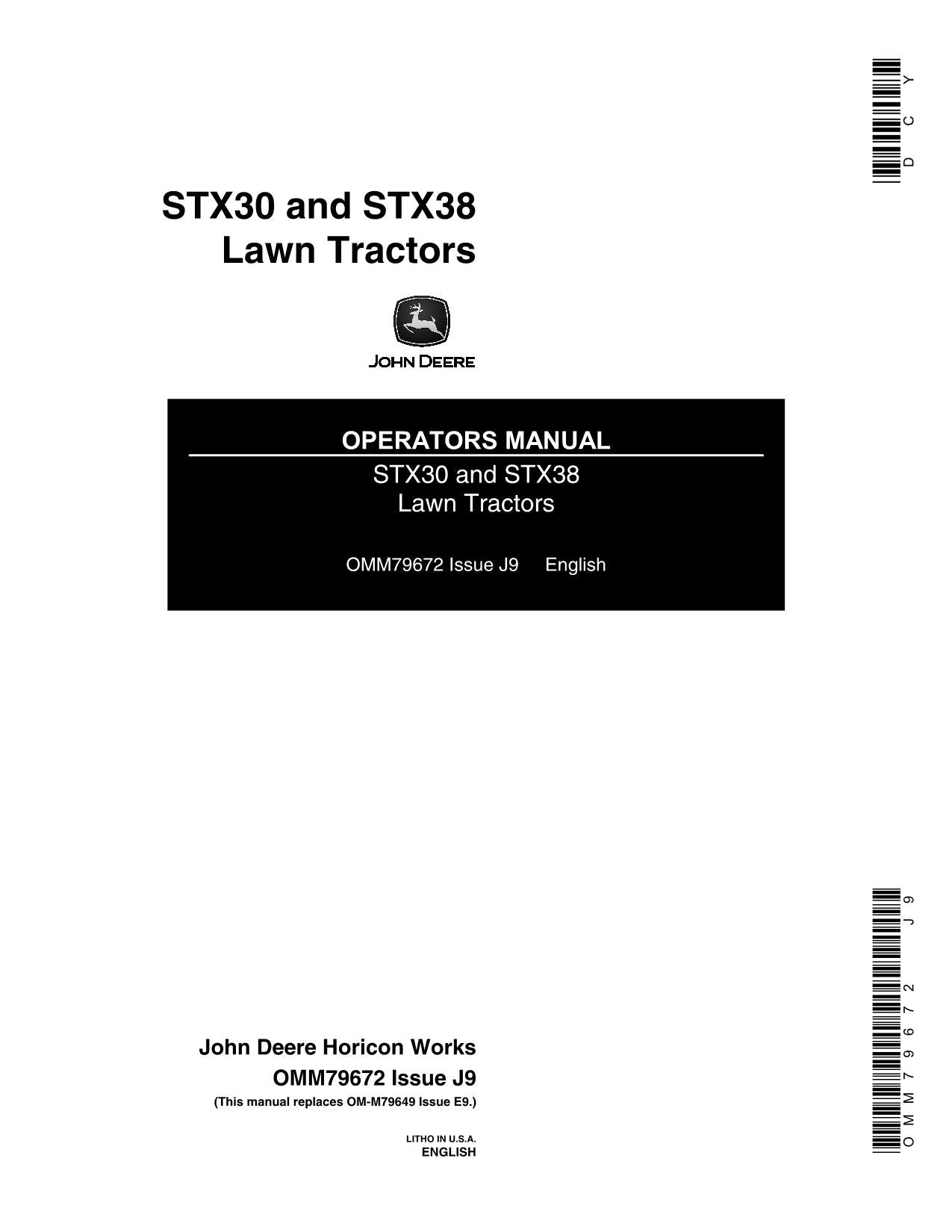 JOHN DEERE STX30 STX38 TRACTOR OPERATORS MANUAL