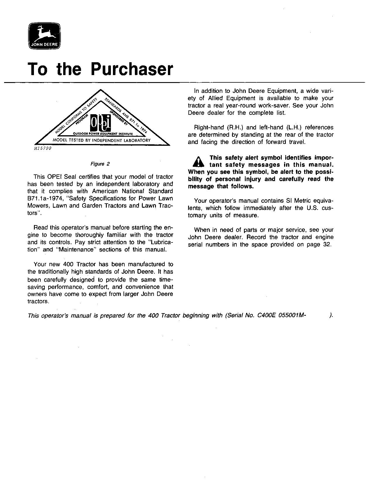 JOHN DEERE 400 TRACTOR OPERATORS MANUAL SER 055001-