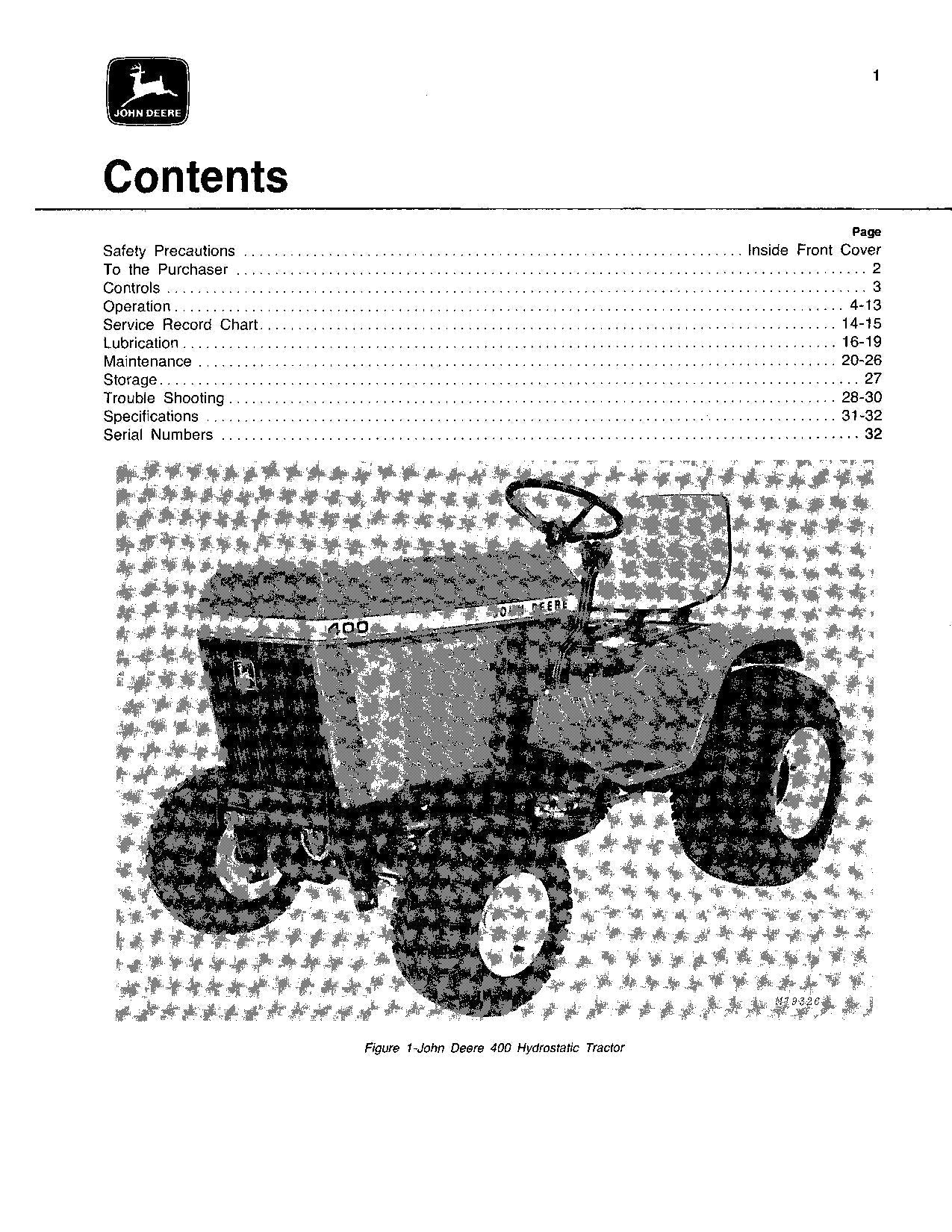 JOHN DEERE 400 TRAKTOR BEDIENUNGSANLEITUNG SER 055001-