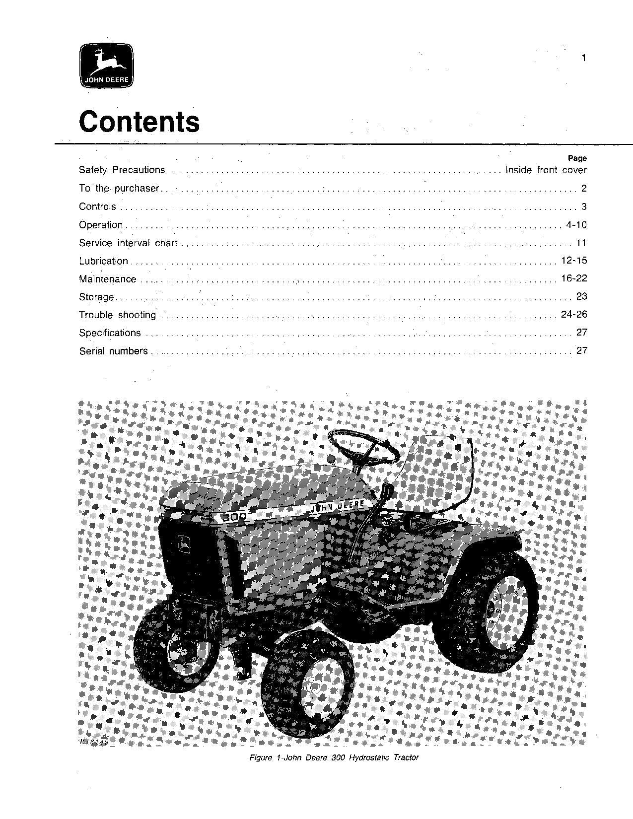 JOHN DEERE 300 TRACTOR OPERATORS MANUAL SER 70001-