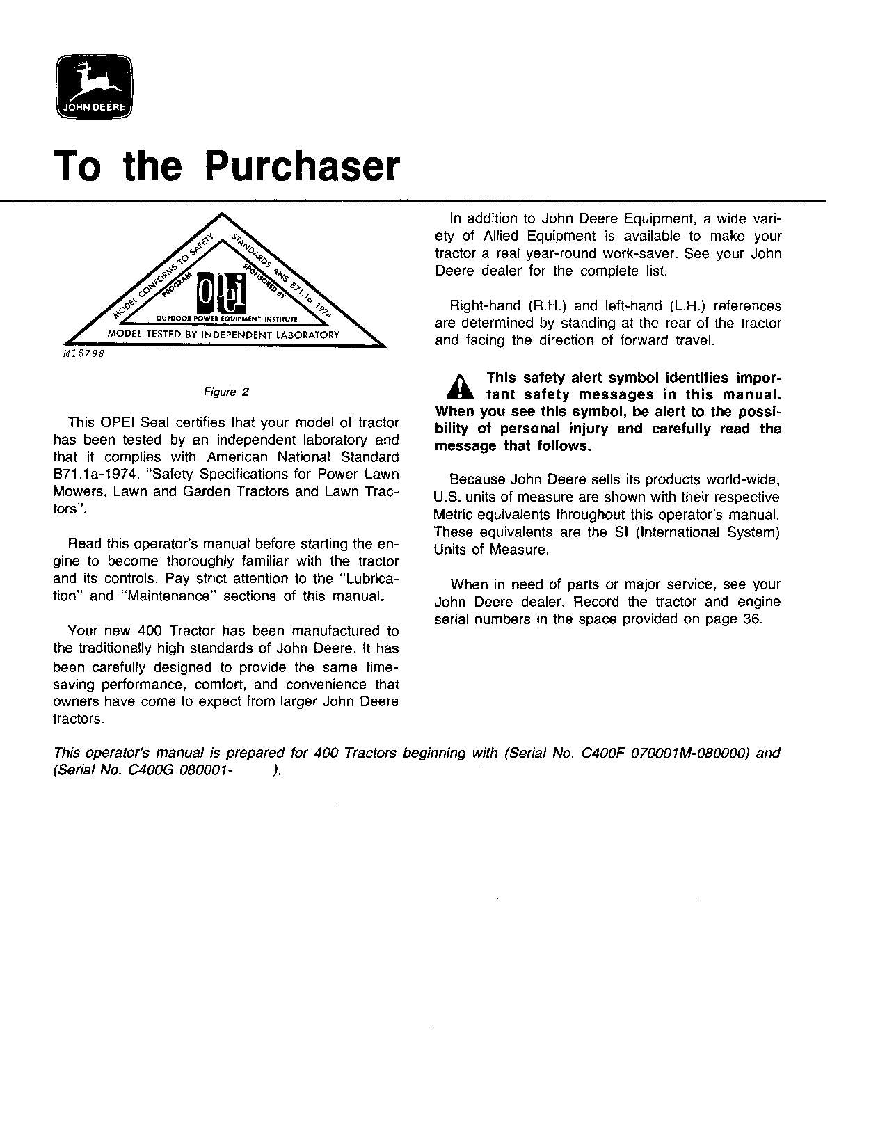 JOHN DEERE 400 TRACTOR OPERATORS MANUAL SER  70001 - 95000