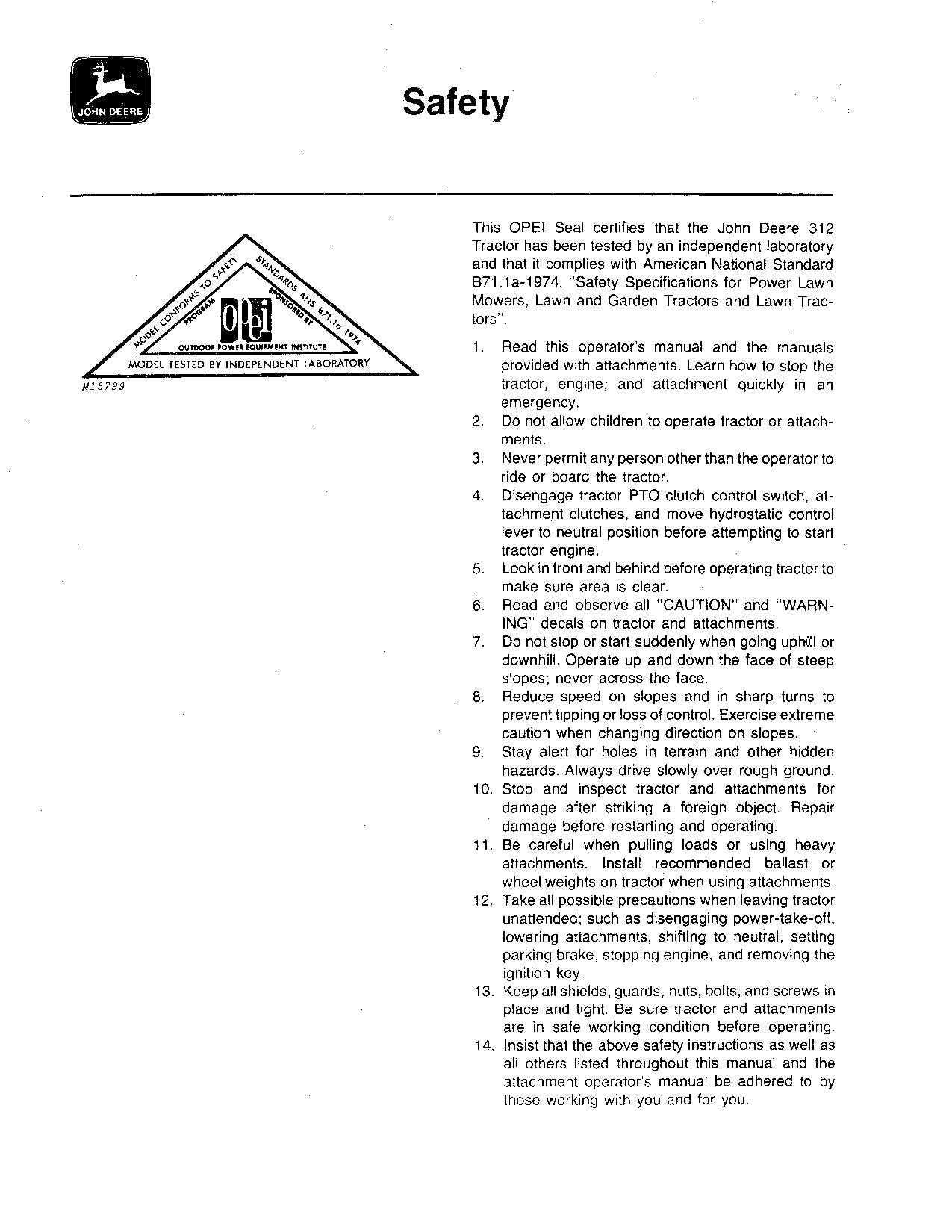 JOHN DEERE 312 TRACTOR OPERATORS MANUAL