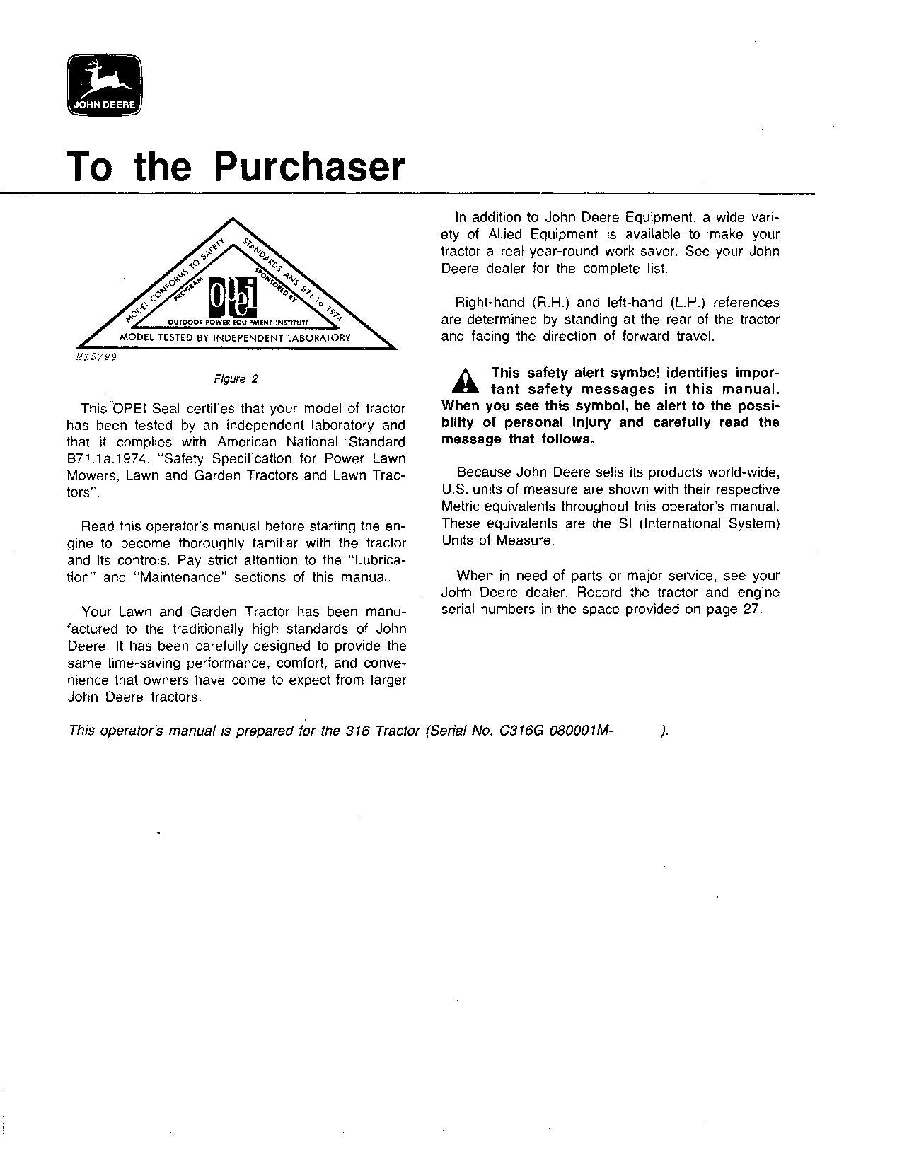 JOHN DEERE 316 TRACTOR OPERATORS MANUAL