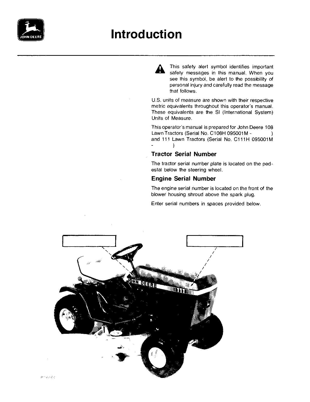 JOHN DEERE 108 111 TRAKTOR-BETRIEBSHANDBUCH Ser. 095001-120000