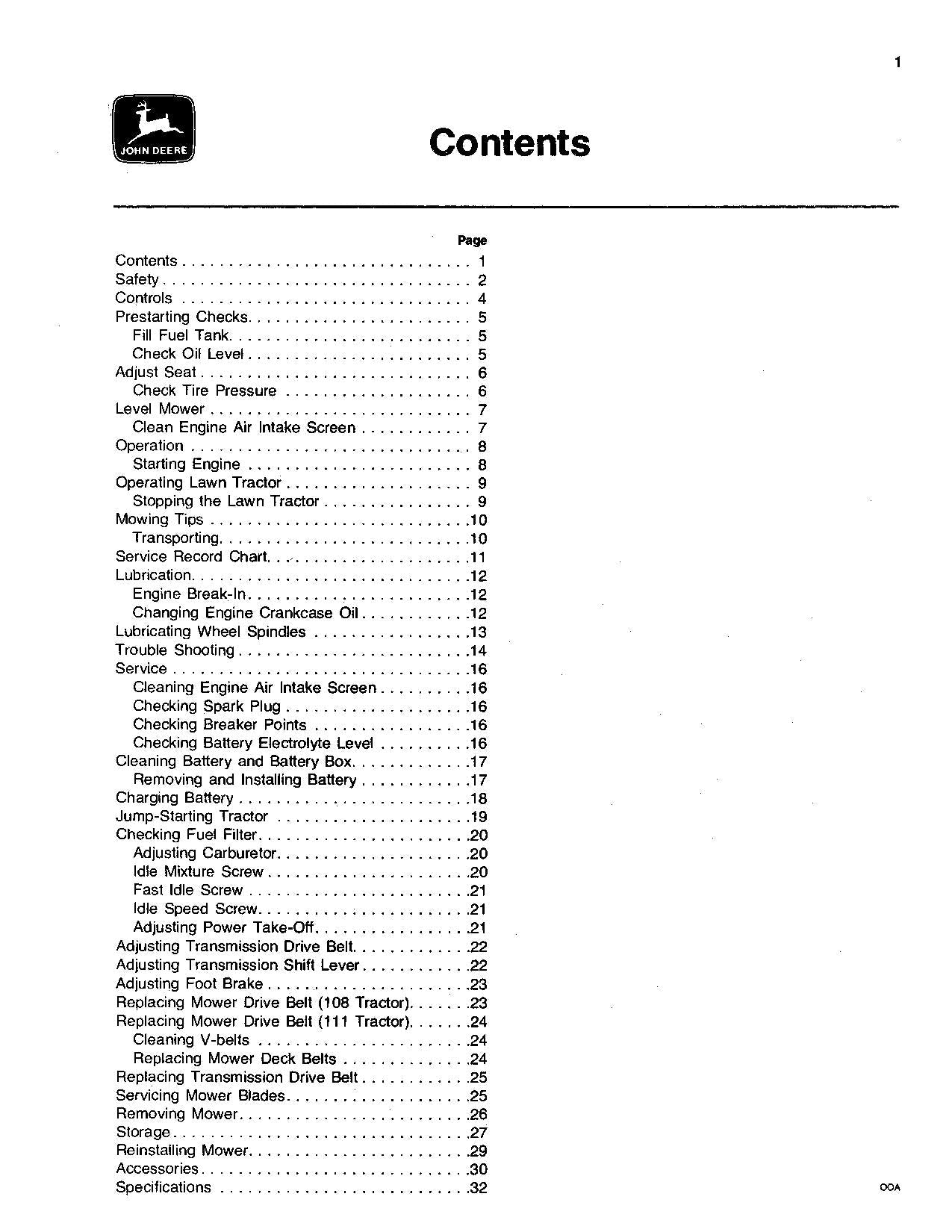 JOHN DEERE 108 111 TRACTOR OPERATORS MANUAL ser.  095001-120000