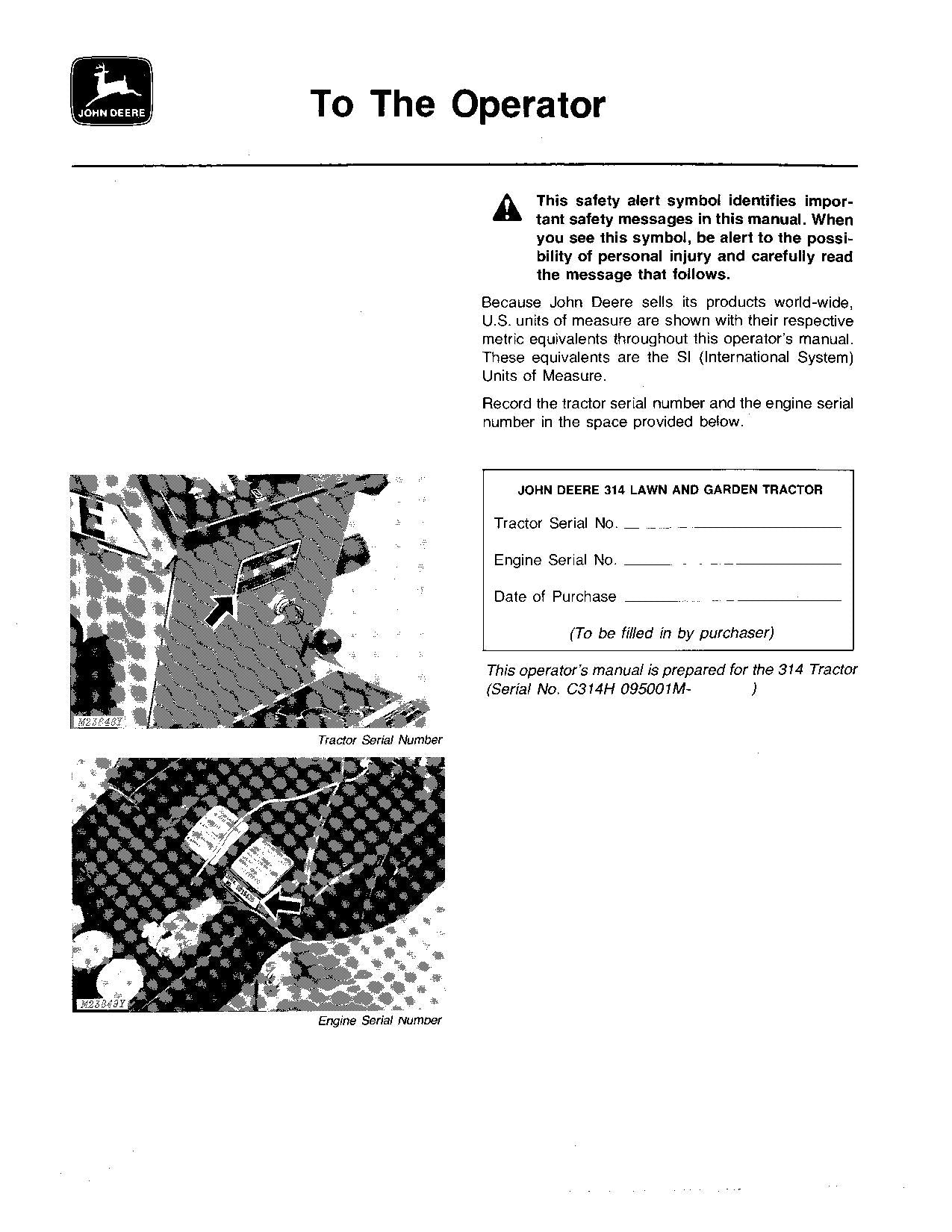 JOHN DEERE 314 TRACTOR OPERATORS MANUAL -120000