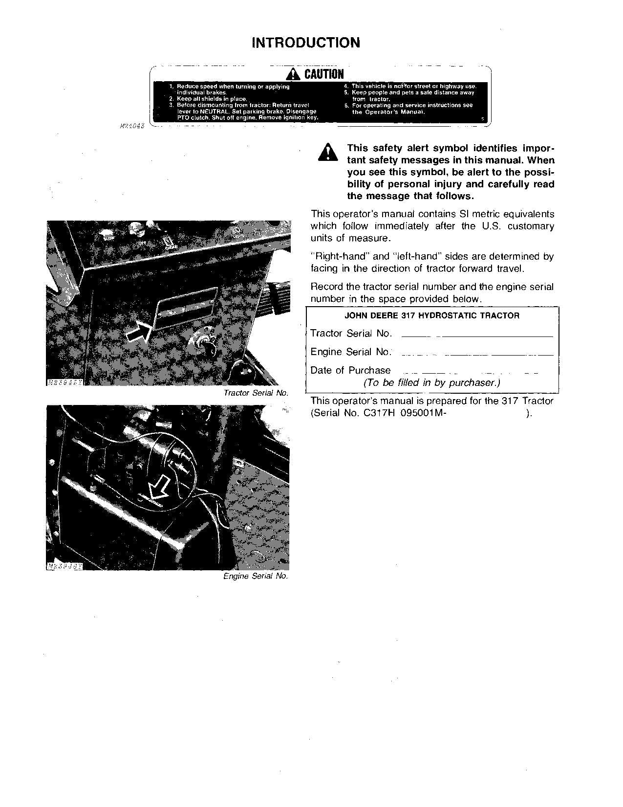 JOHN DEERE 317 TRACTOR OPERATORS MANUAL 095001-156000