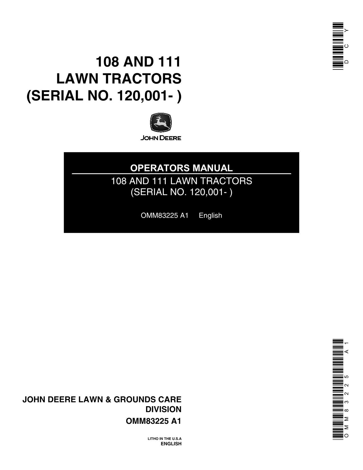 JOHN DEERE 108 111 TRACTOR OPERATORS MANUAL ser. 120001-190000