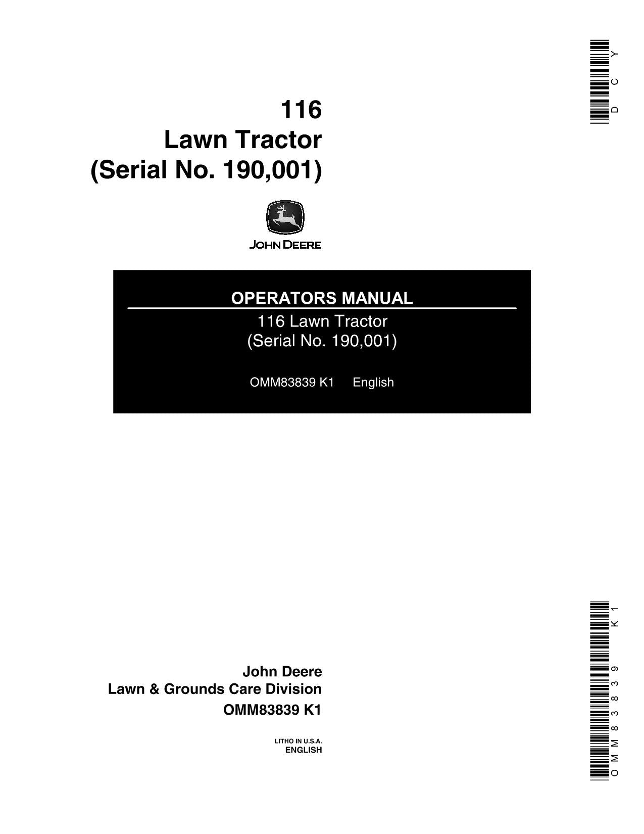 MANUEL D'UTILISATION DU TRACTEUR JOHN DEERE 116 série 190001-222000