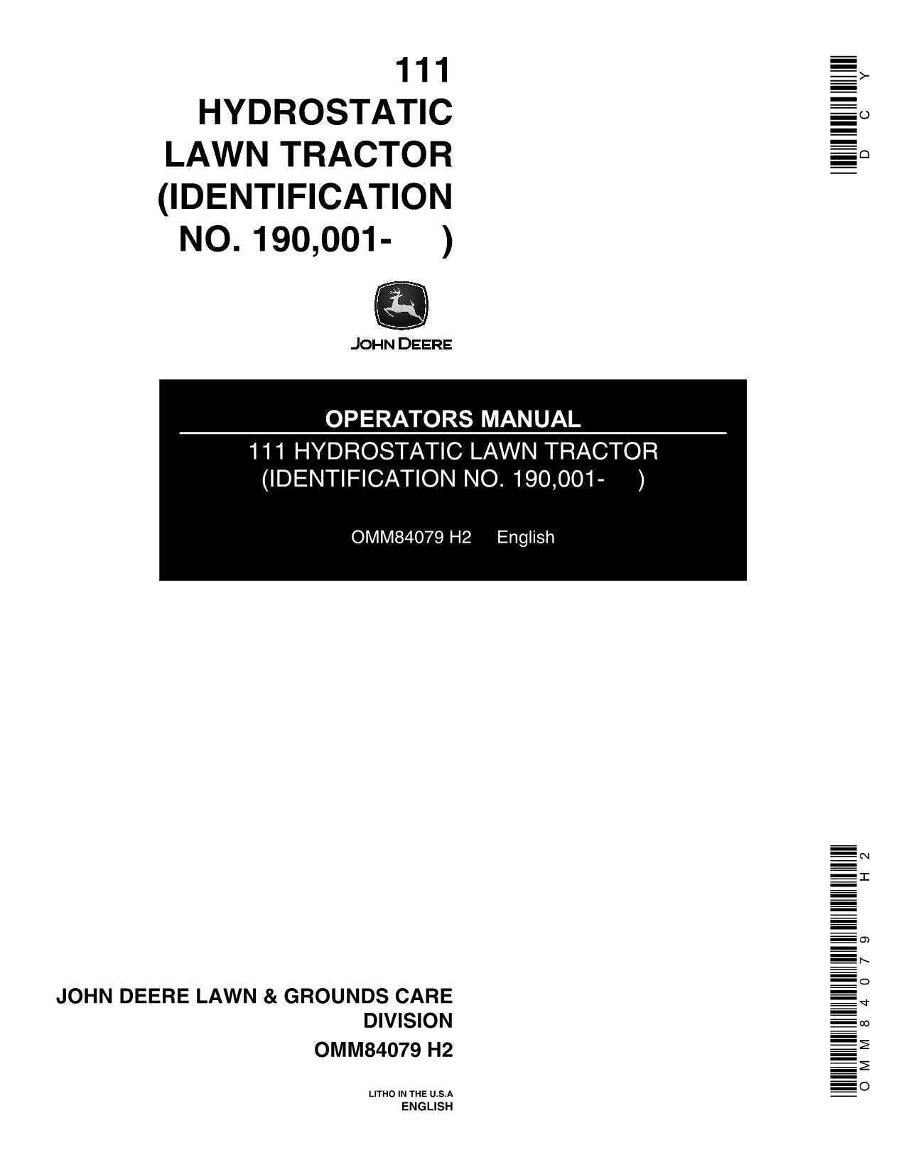 JOHN DEERE 111H TRACTOR OPERATORS MANUAL