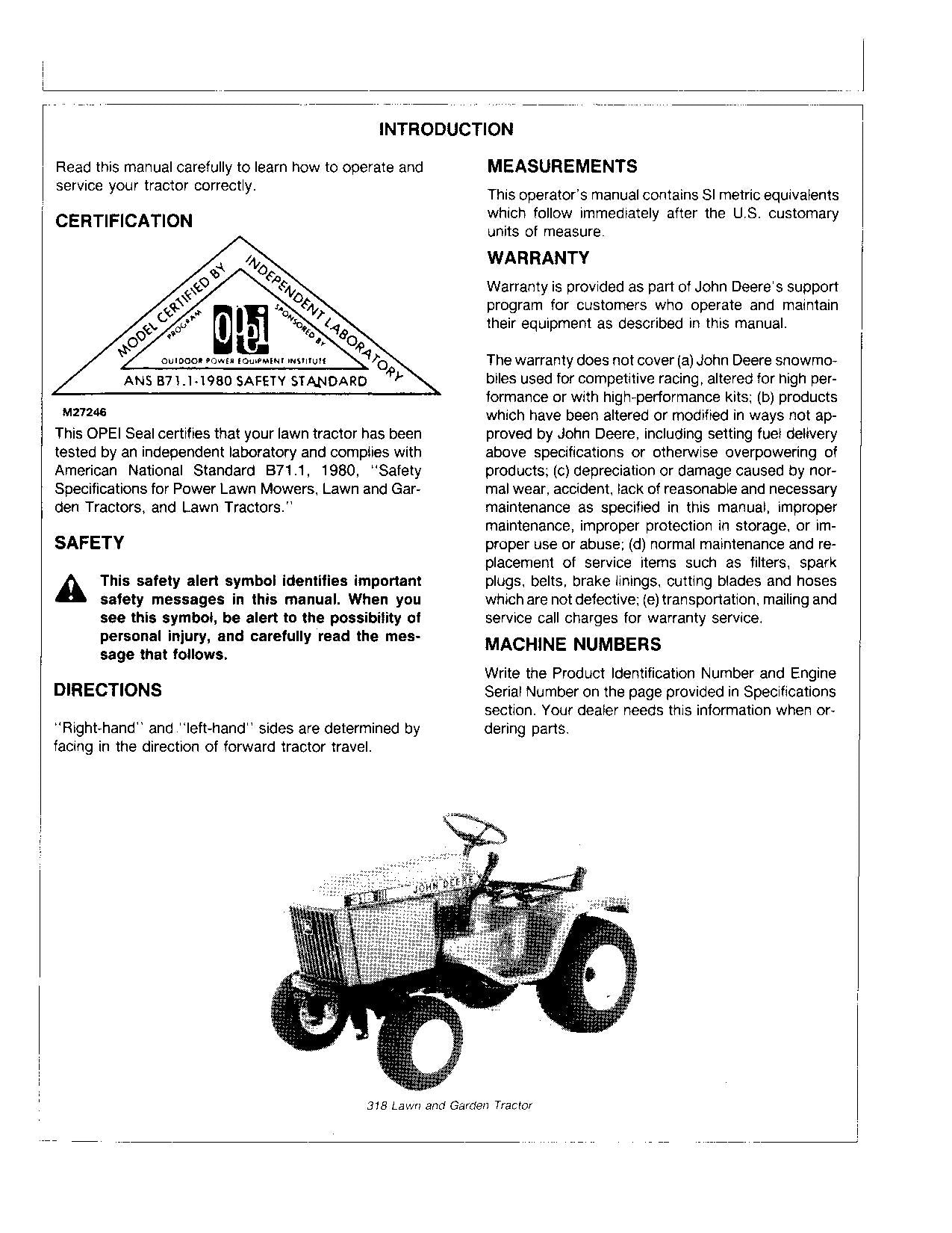 MANUEL D'UTILISATION DU TRACTEUR JOHN DEERE 318