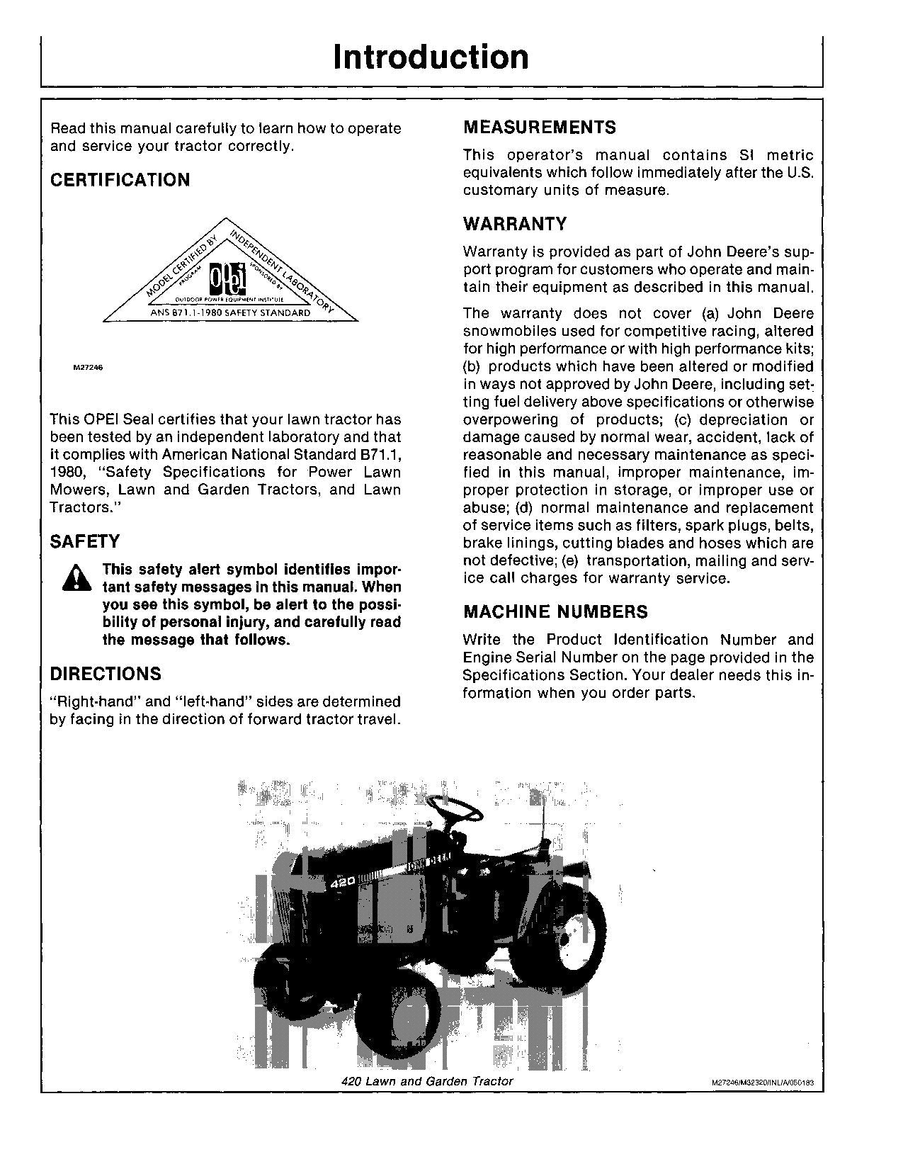 MANUEL D'UTILISATION DU TRACTEUR JOHN DEERE 420 222001-285000