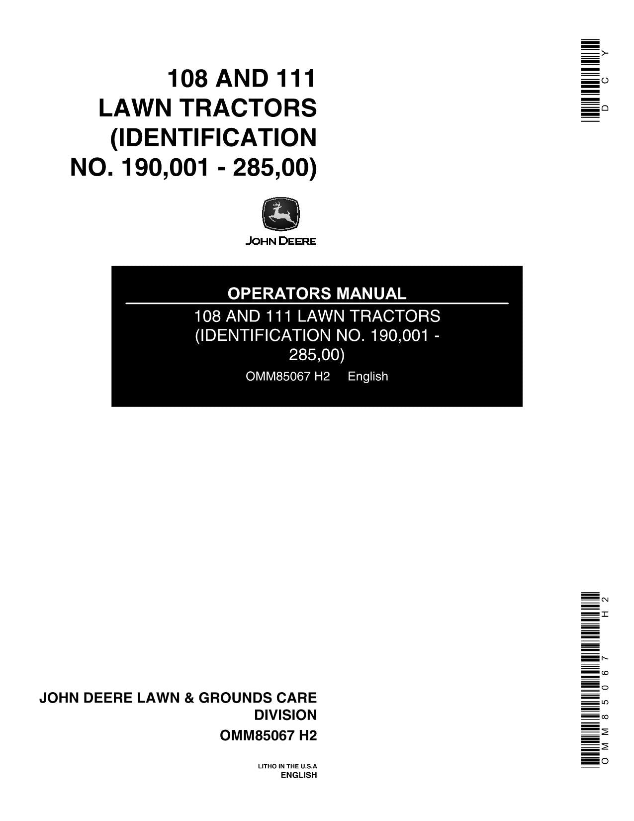 JOHN DEERE 108 111 TRACTOR OPERATORS MANUAL SER 190001-285000