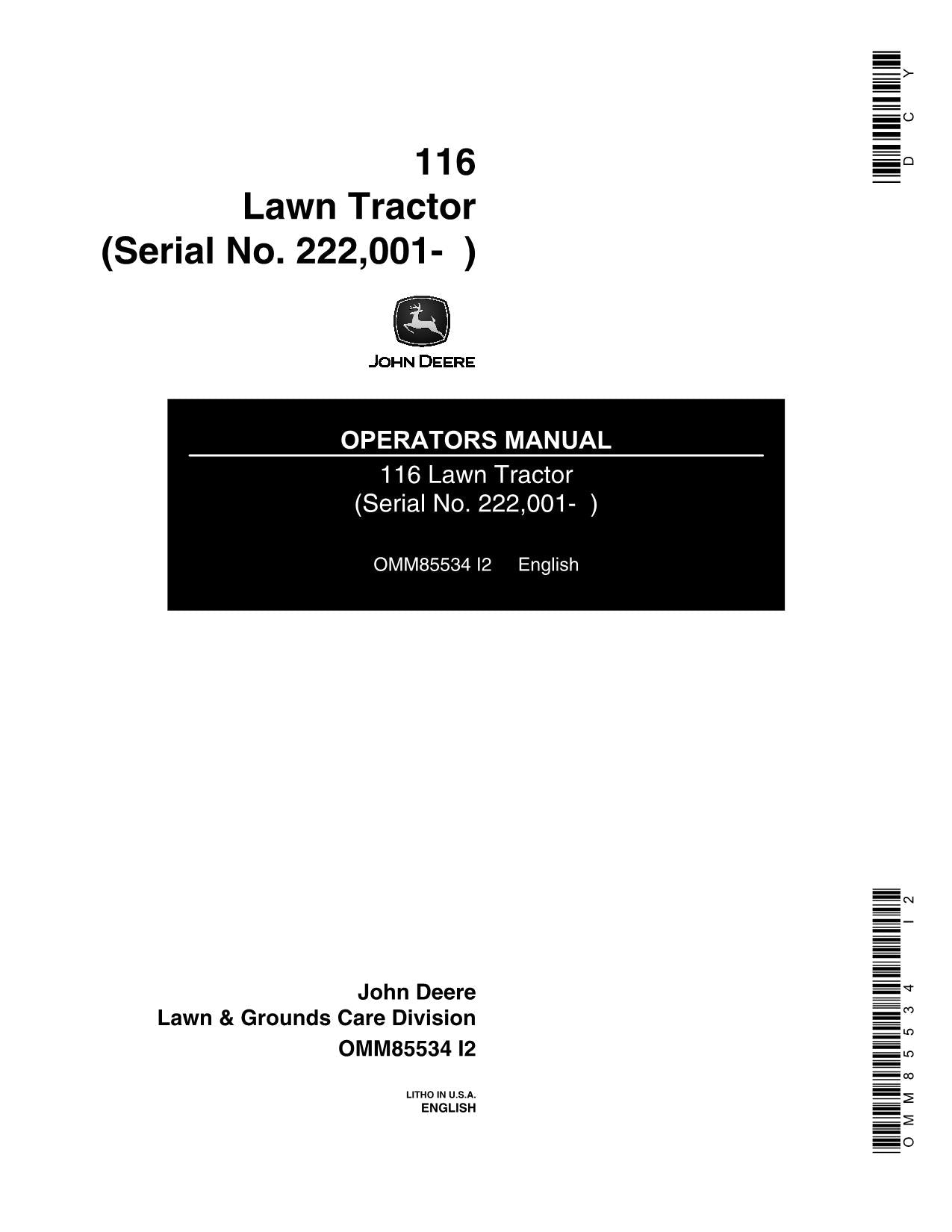 JOHN DEERE 116 TRACTOR OPERATORS MANUAL SER 222001 - 285000