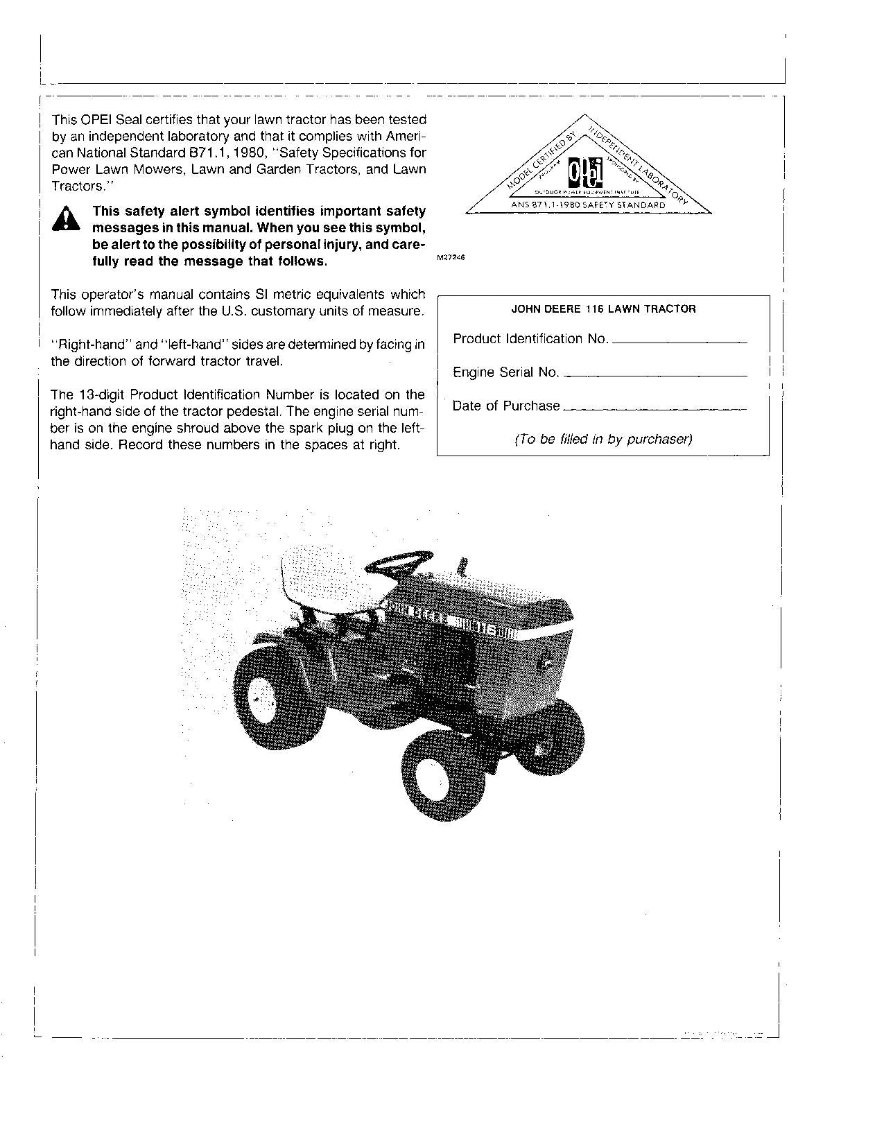 JOHN DEERE 116 TRAKTOR BEDIENUNGSANLEITUNG SERIENNR. 222001 - 285000