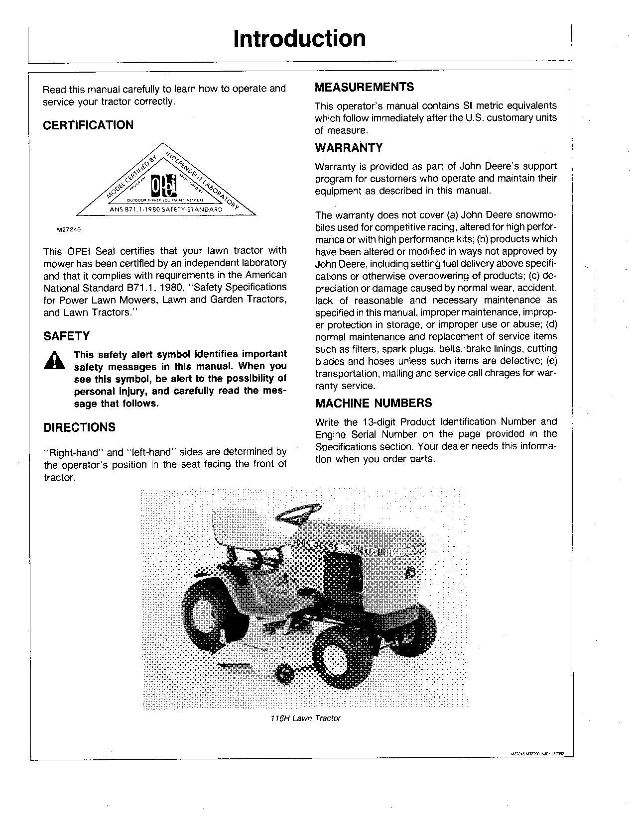 MANUEL D'UTILISATION DU TRACTEUR JOHN DEERE 38 POUCES 46 POUCES 108 111 111H 116 116H