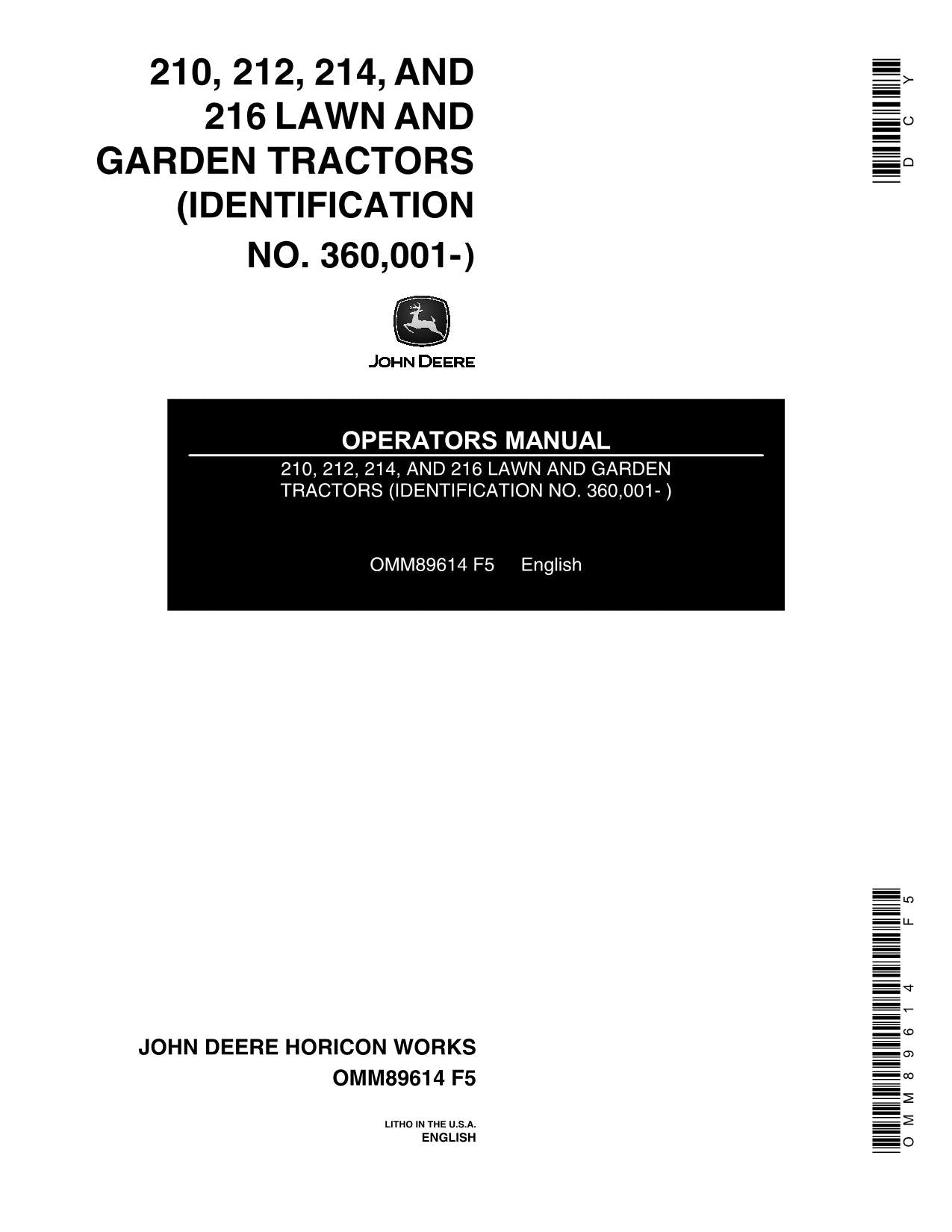 JOHN DEERE 210 212 214 216 TRACTOR OPERATORS MANUAL 360001-420000 360001-