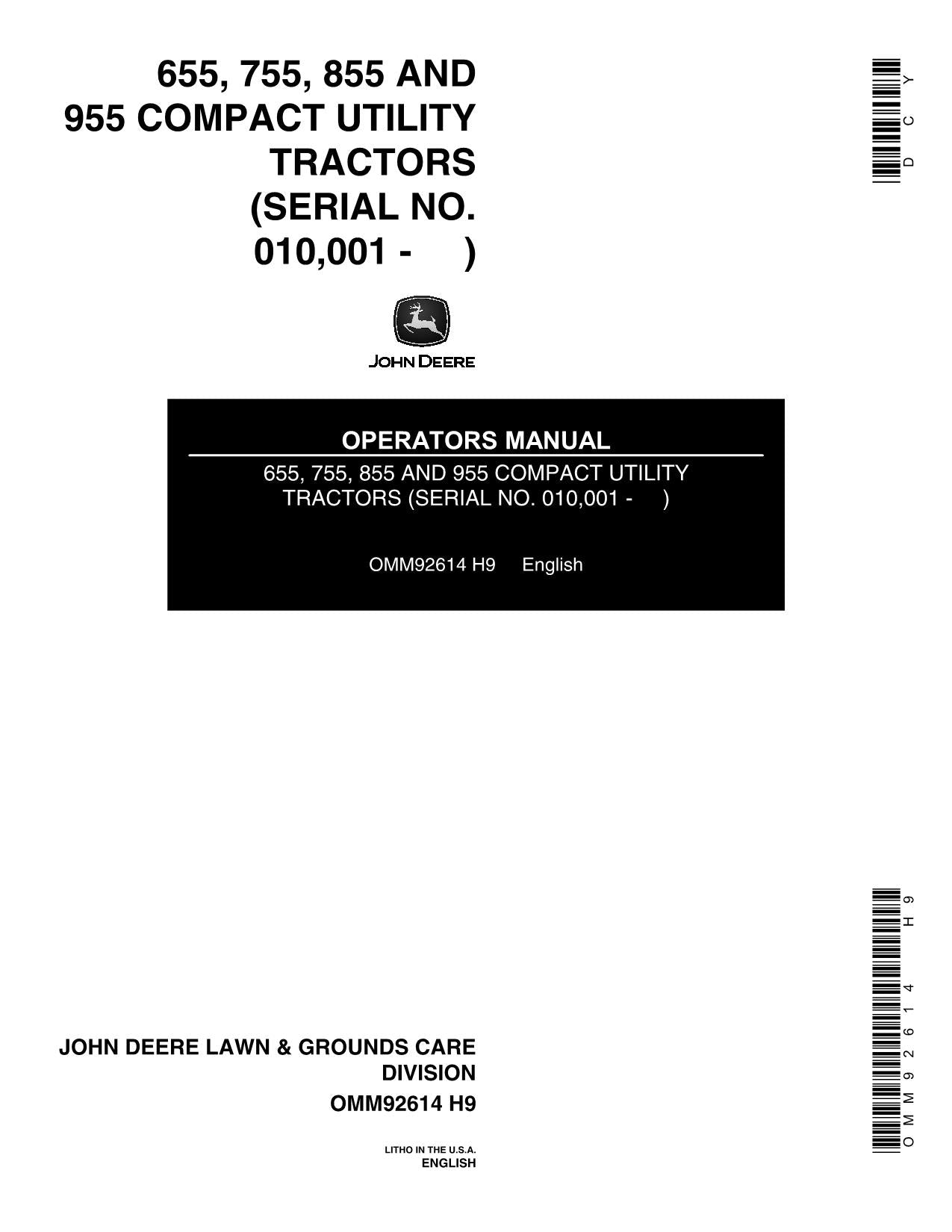 JOHN DEERE 655 755 855 955 TRAKTOR-BETRIEBSHANDBUCH