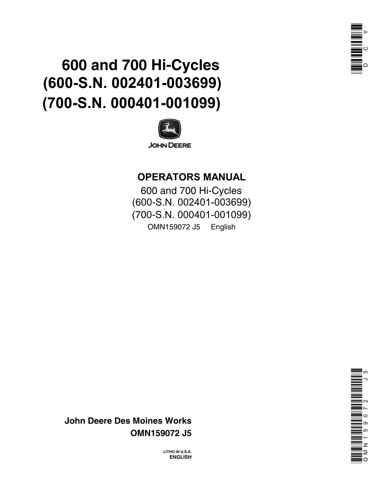 JOHN DEERE 600 700 TRAKTOR-BETRIEBSHANDBUCH