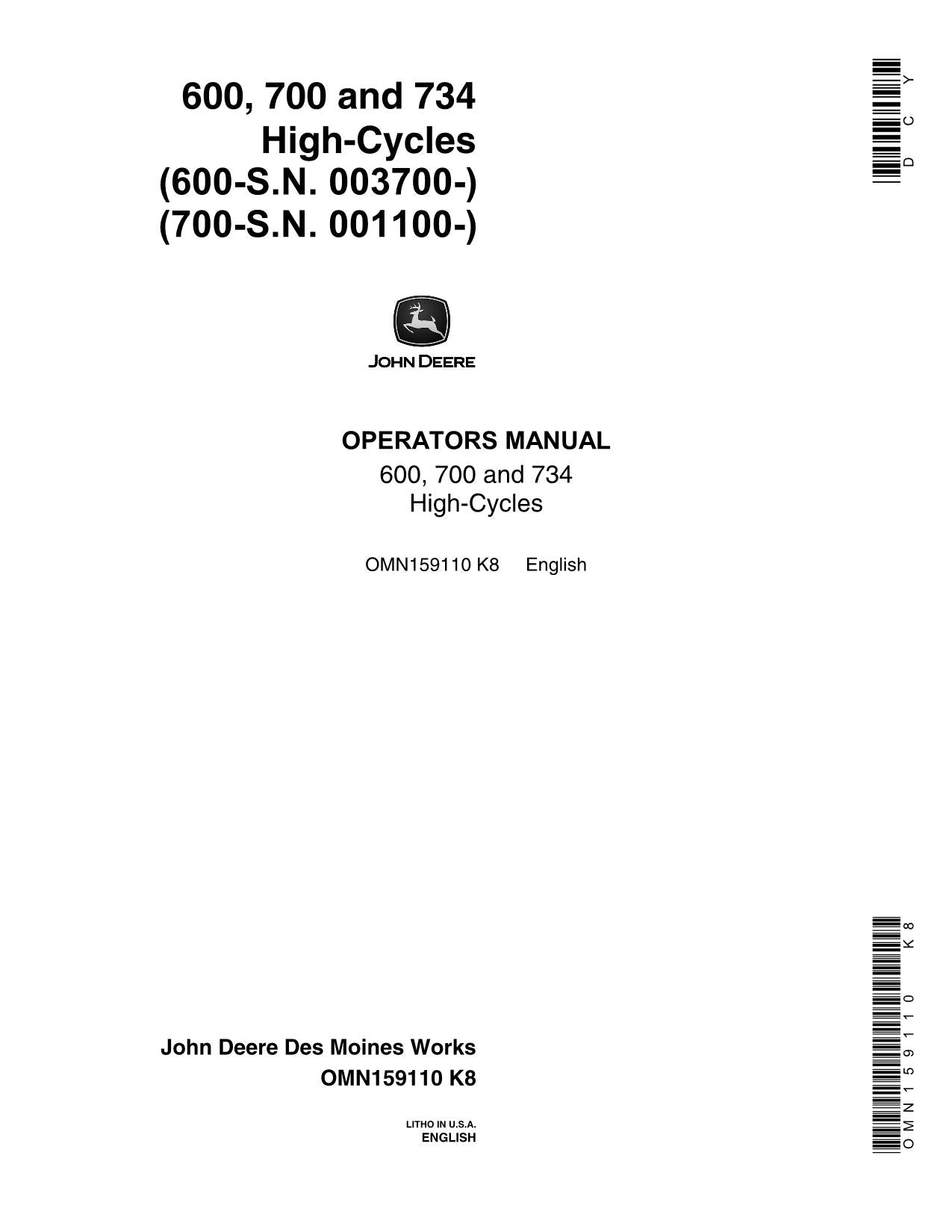 JOHN DEERE 600 700 734 TRACTOR OPERATORS MANUAL