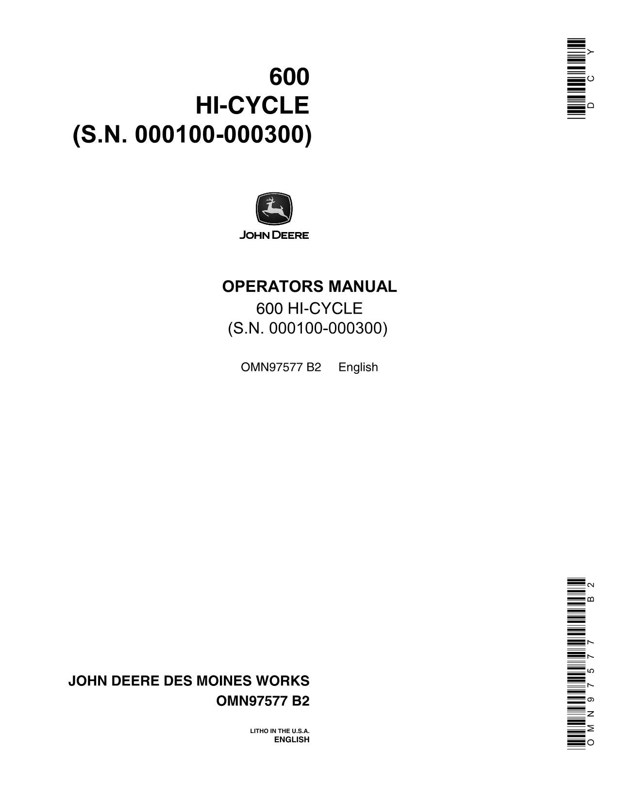 JOHN DEERE 600 TRACTOR OPERATORS MANUAL 000100-000300