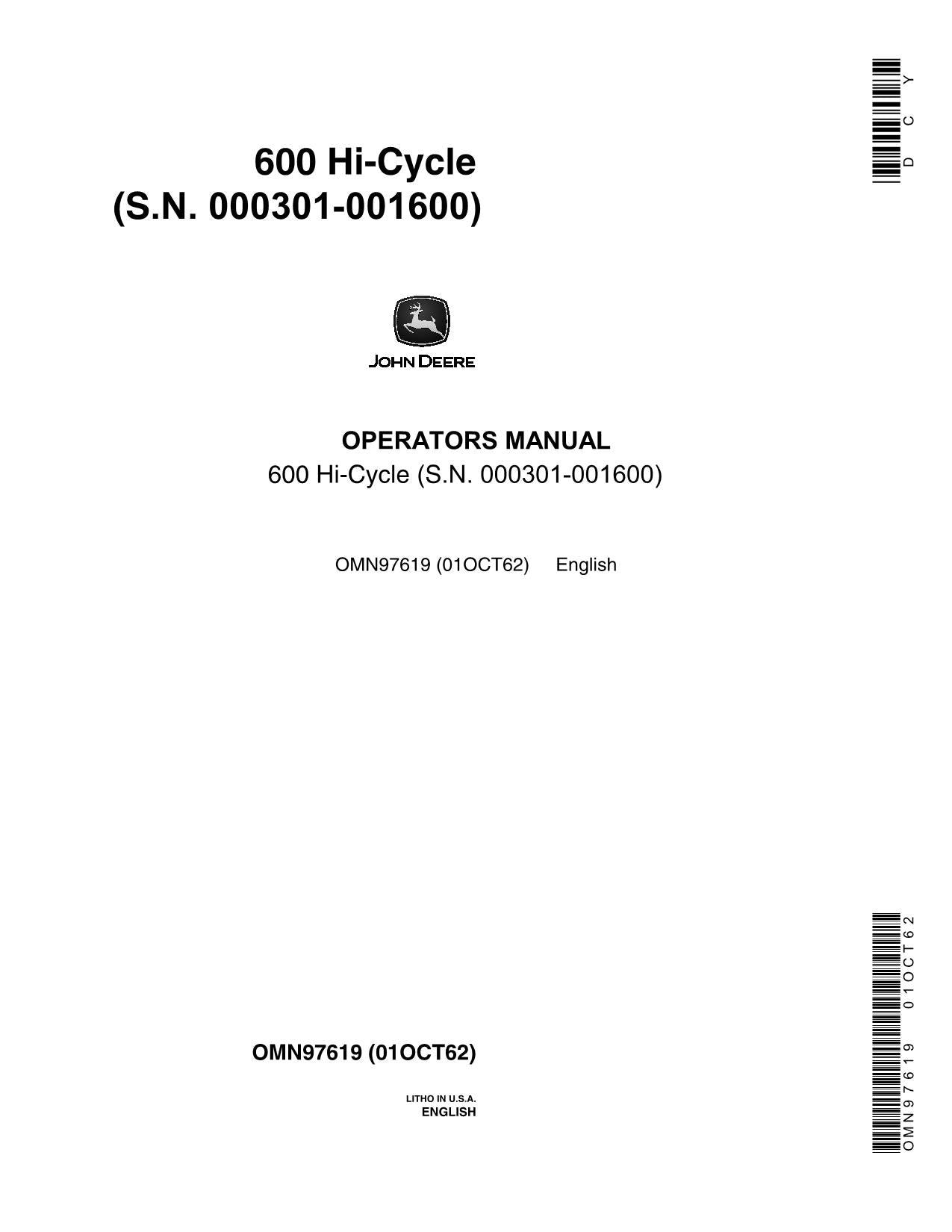 JOHN DEERE 600 TRACTOR OPERATORS MANUAL 000301-001600