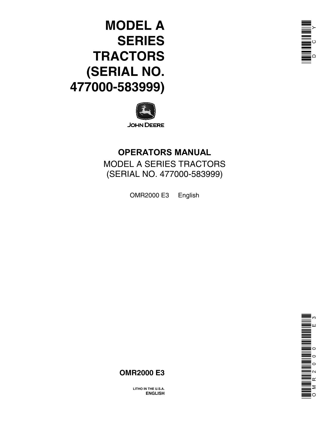 JOHN DEERE A TRACTOR OPERATORS MANUAL 477000-583999