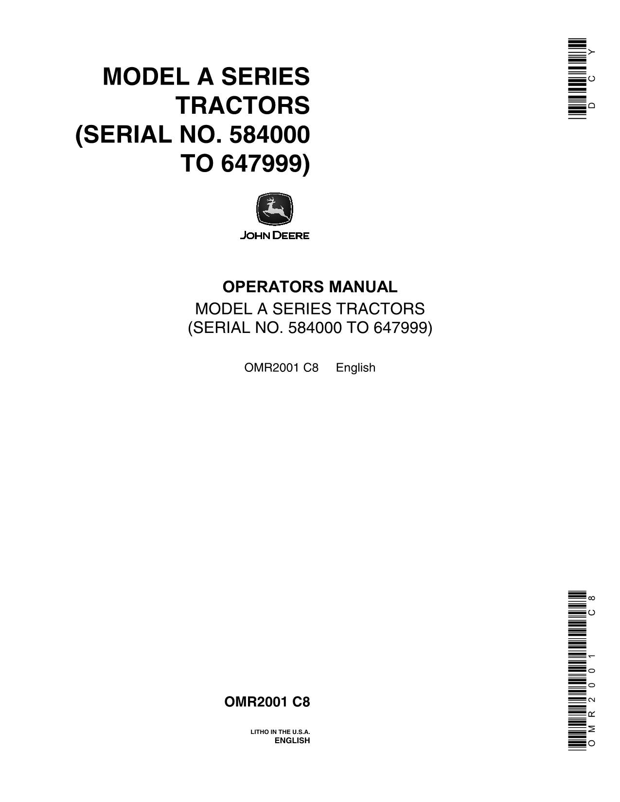 JOHN DEERE A TRACTOR OPERATORS MANUAL 584000-647999