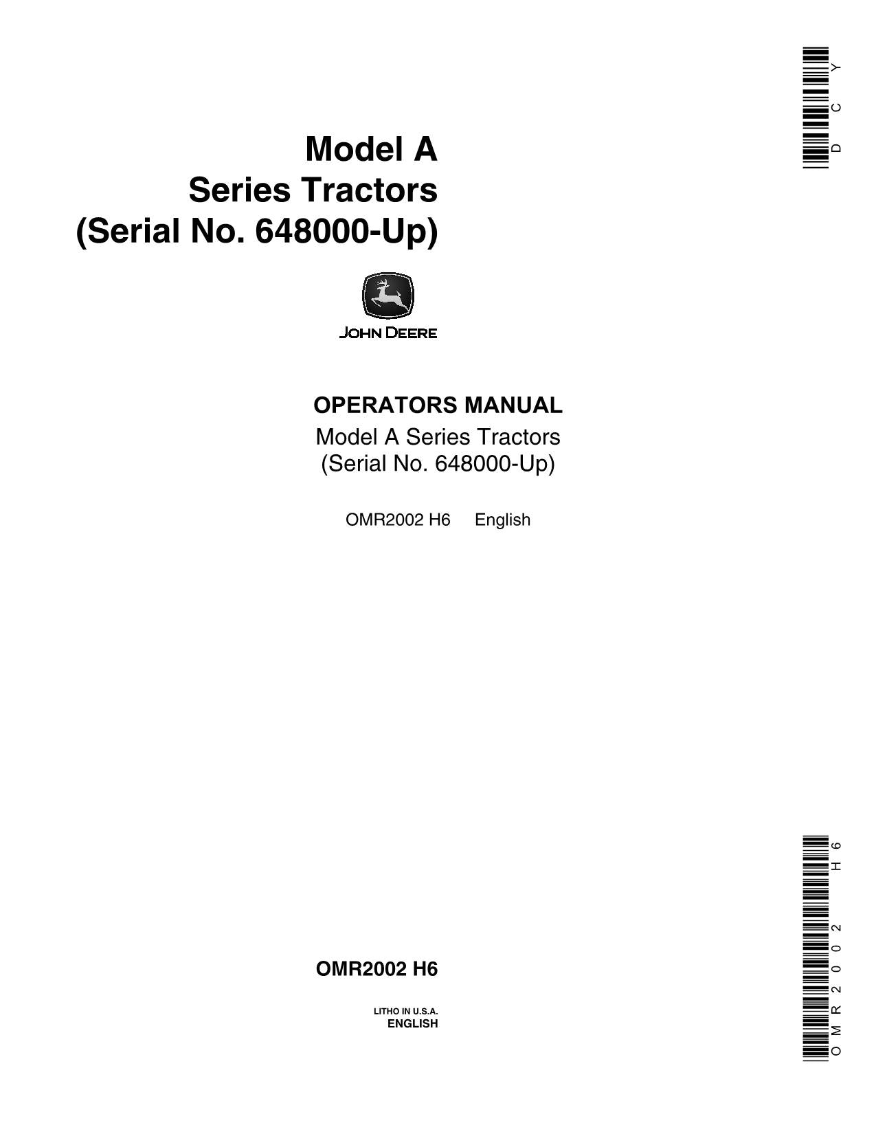 MANUEL D'UTILISATION DU TRACTEUR JOHN DEERE A 648000-