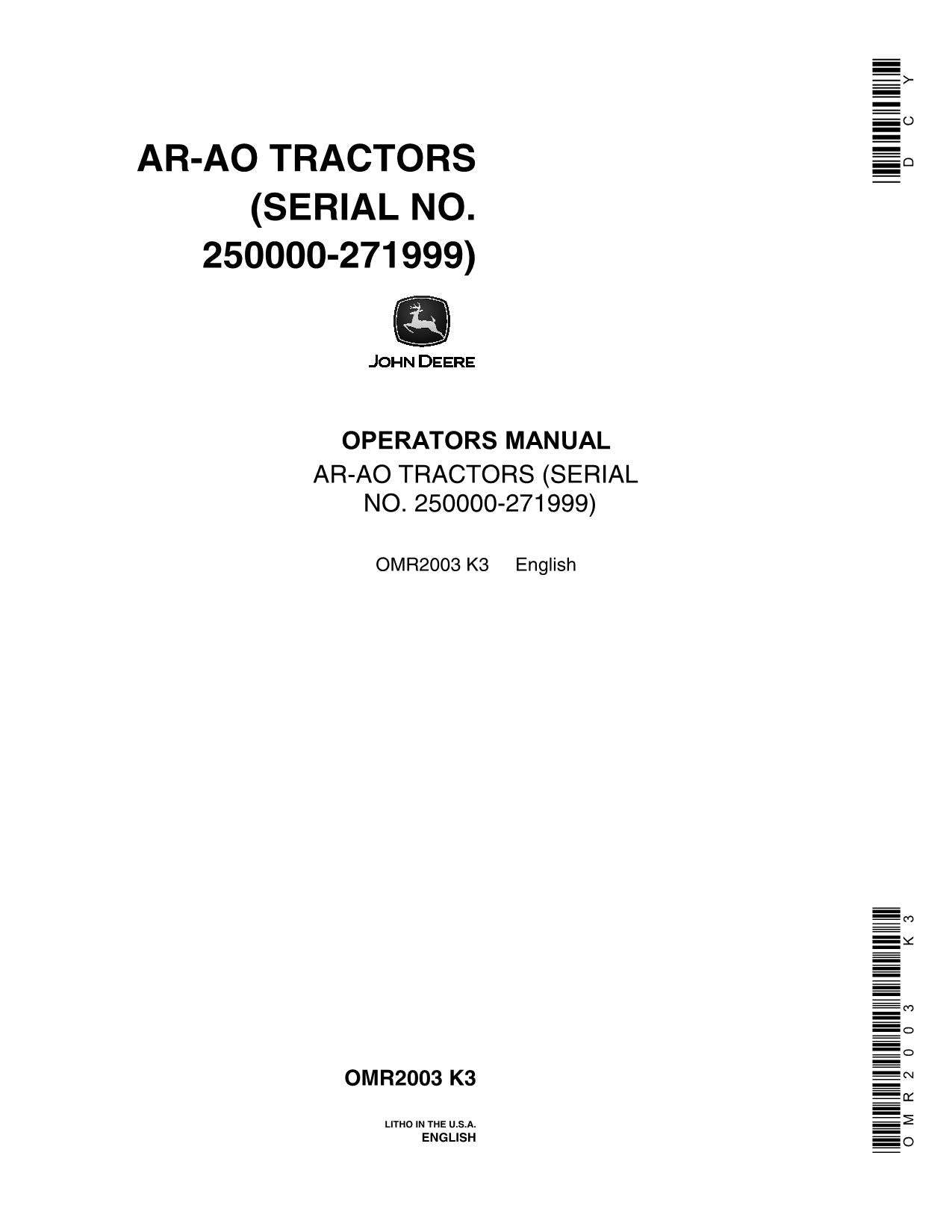 MANUEL D'UTILISATION DU TRACTEUR JOHN DEERE AO AR 250000-271999