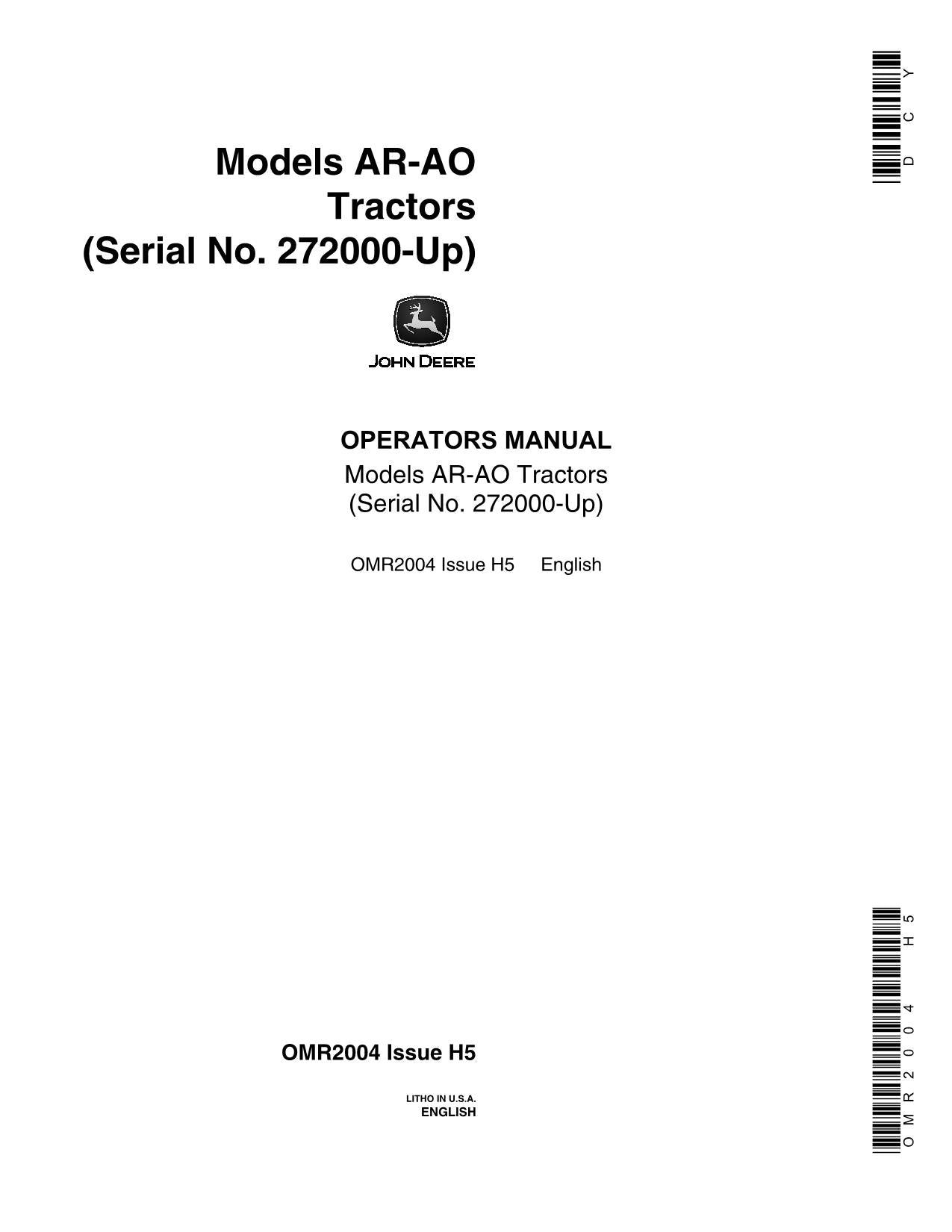 JOHN DEERE AO AR TRACTOR OPERATORS MANUAL 272000-