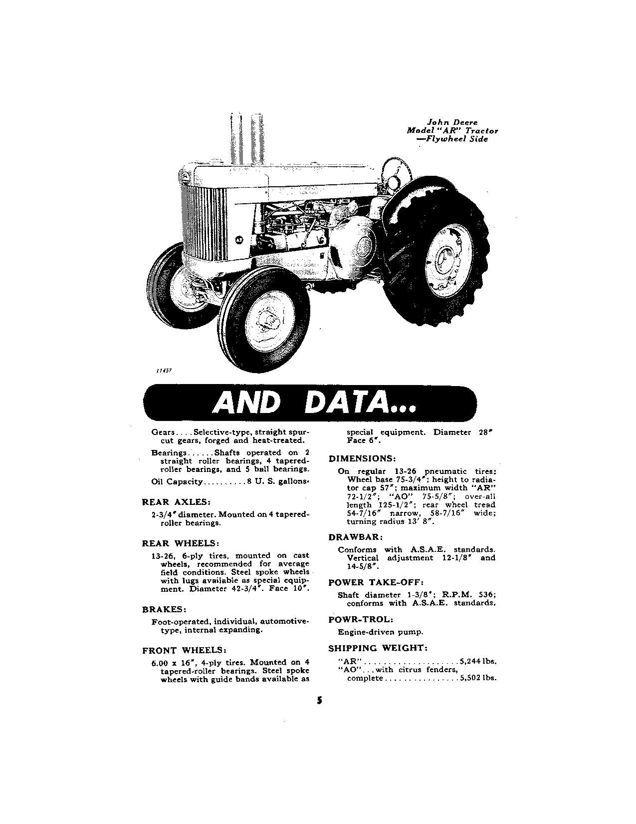 JOHN DEERE AO AR TRACTOR OPERATORS MANUAL 272000-