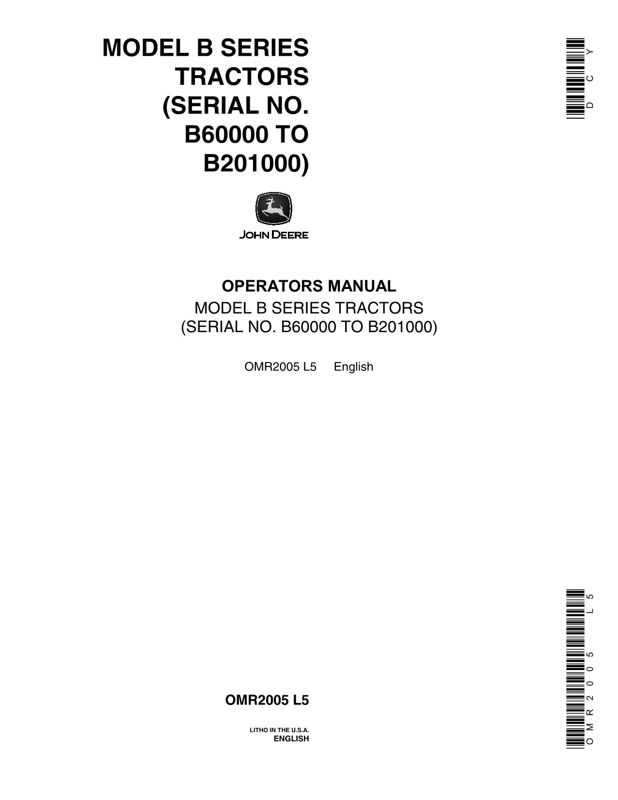 JOHN DEERE B TRACTOR OPERATORS MANUAL 60000 5 DIGIT - 201000