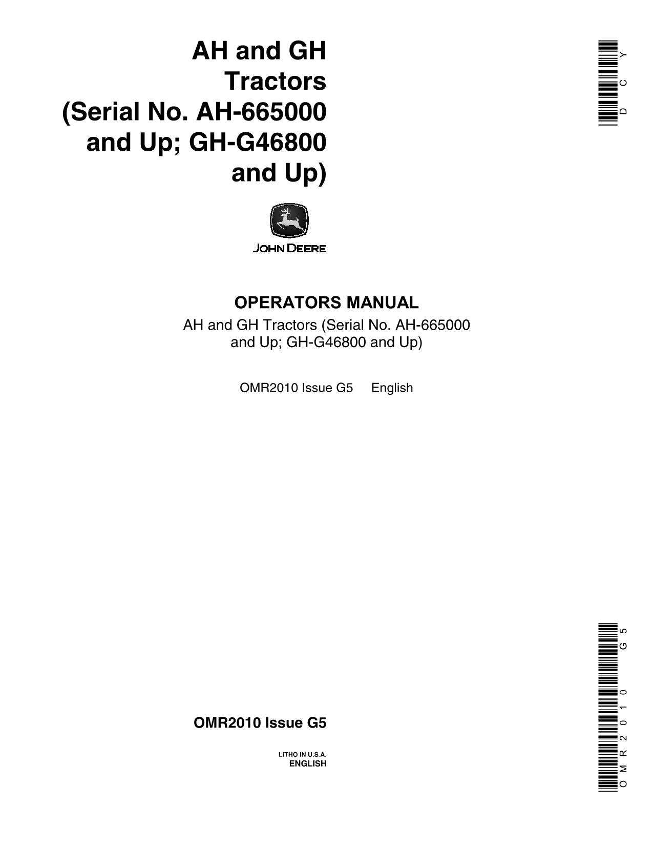 JOHN DEERE AH GH TRACTOR OPERATORS MANUAL