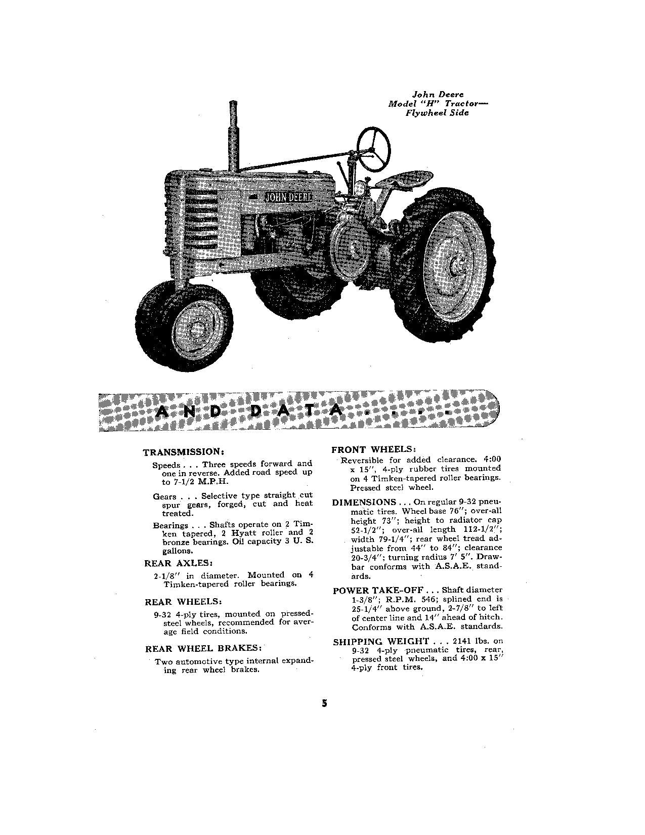 JOHN DEERE H TRACTOR OPERATORS MANUAL