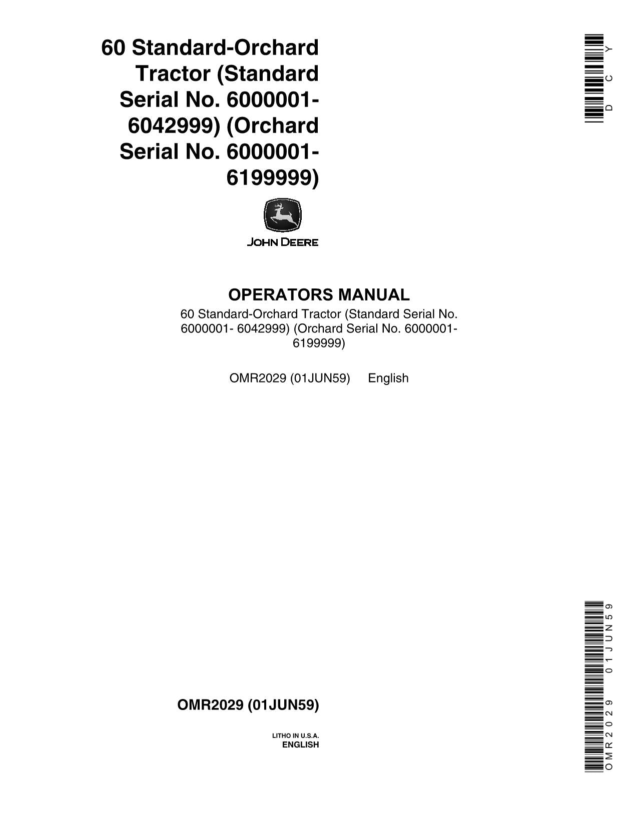 MANUEL D'UTILISATION DU TRACTEUR JOHN DEERE 60 6000001-6199999 6000001-6042999