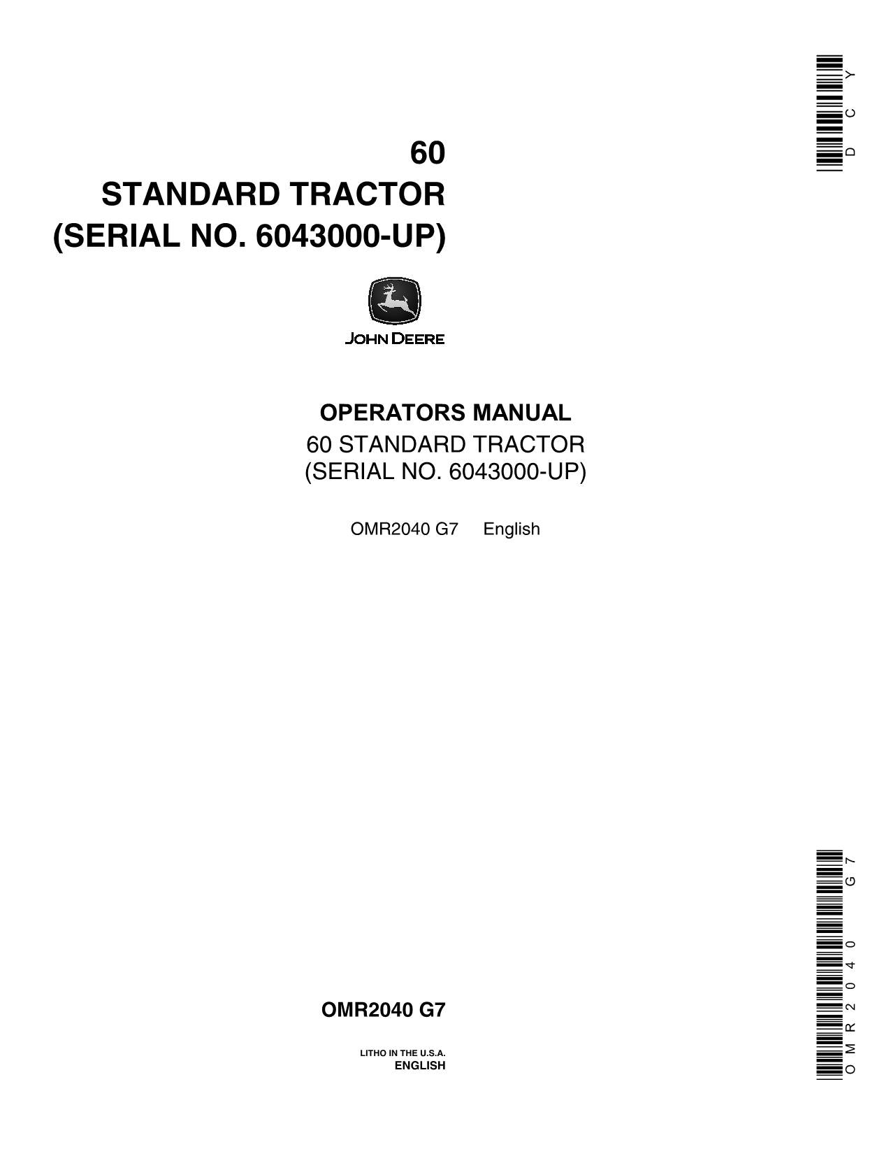 MANUEL D'UTILISATION DU TRACTEUR JOHN DEERE 60 6043000-