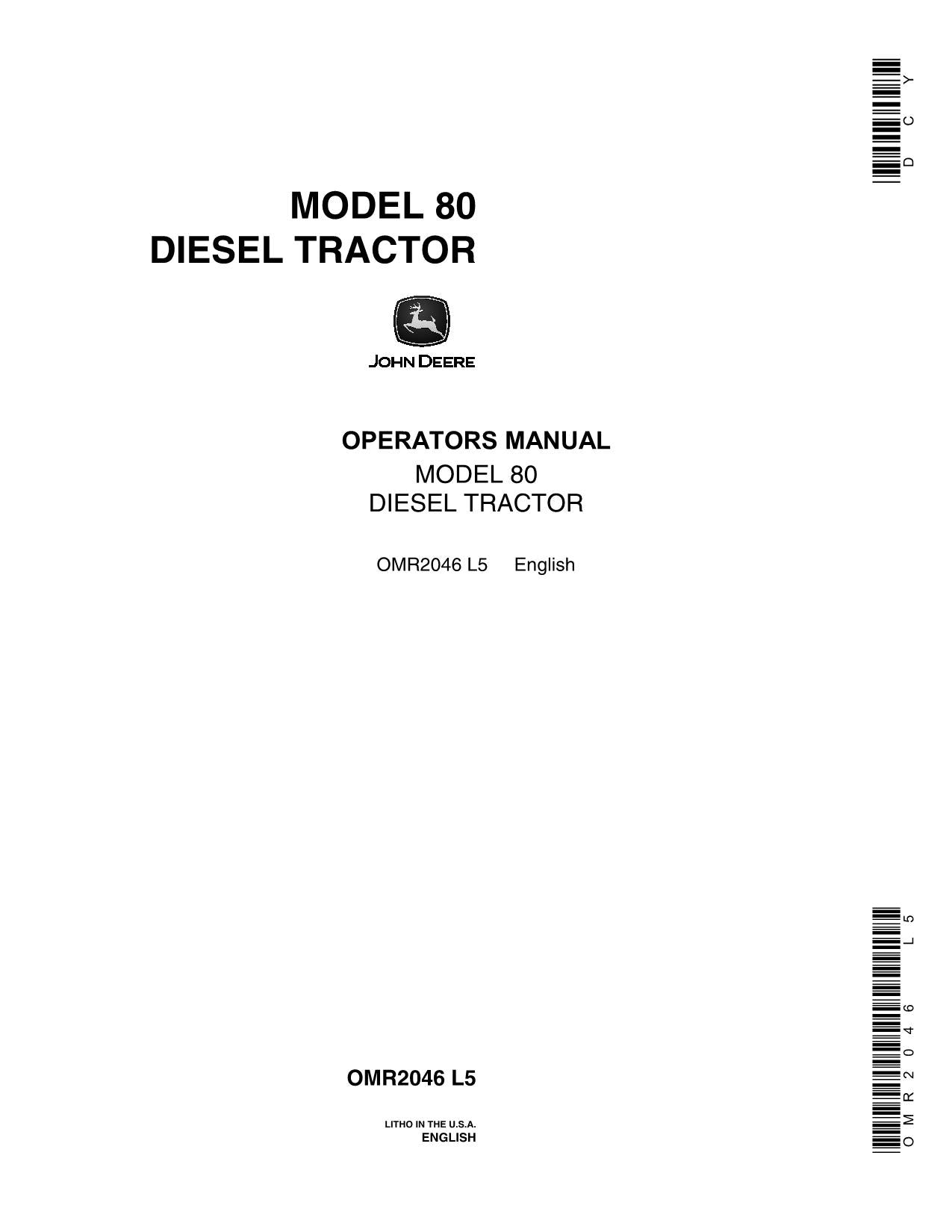 JOHN DEERE 80 TRACTOR OPERATORS MANUAL