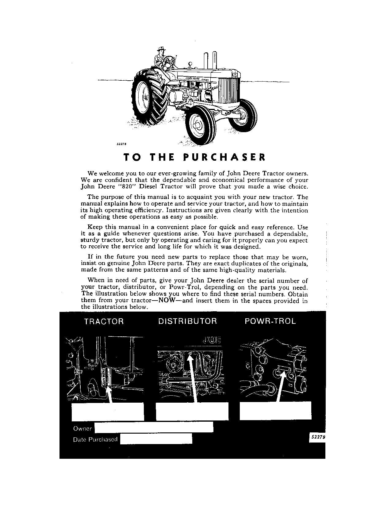 JOHN DEERE 820 TRACTOR OPERATORS MANUAL  8200000-8203099