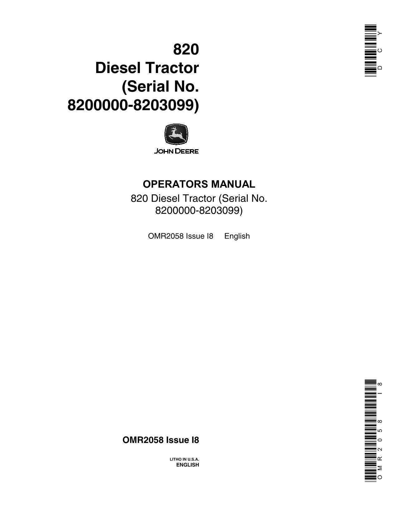 MANUEL D'UTILISATION DU TRACTEUR JOHN DEERE 820 8200000-8203099