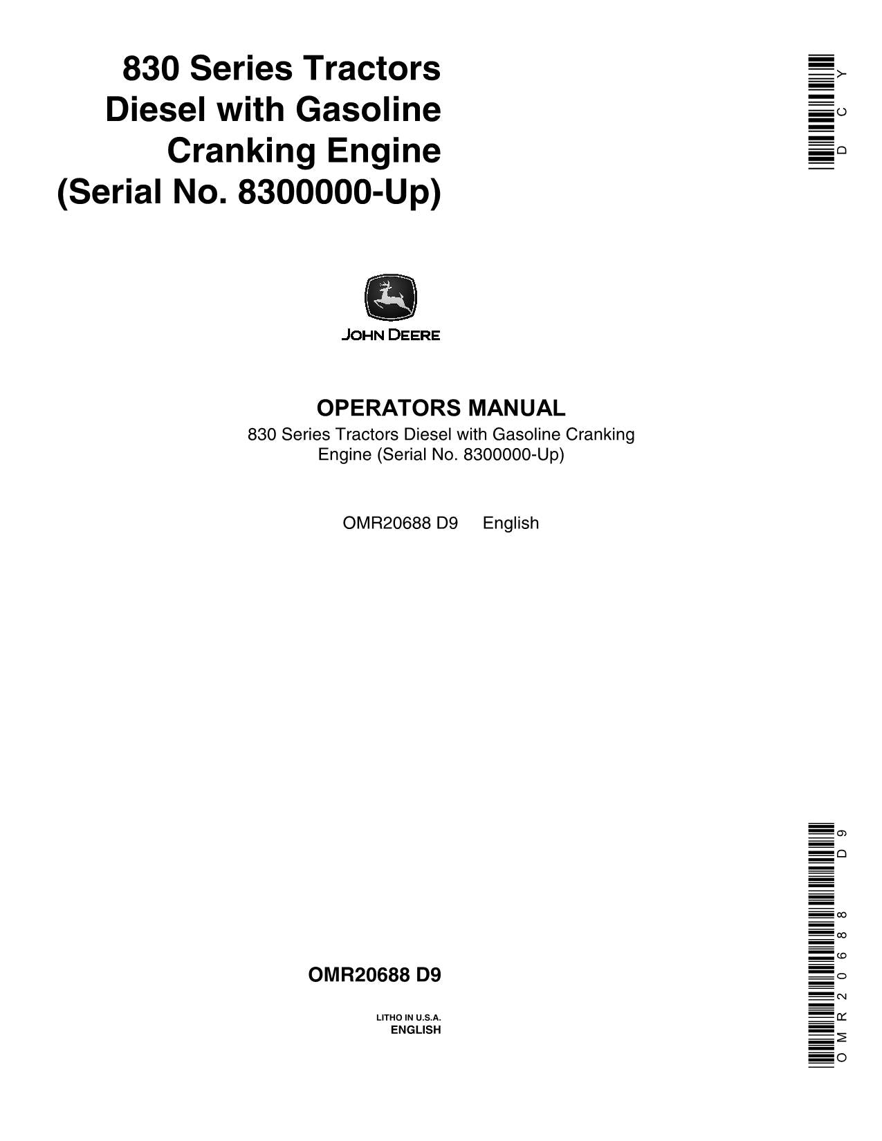 MANUEL D'UTILISATION DU TRACTEUR JOHN DEERE 830 N° DE SÉRIE 8300000-