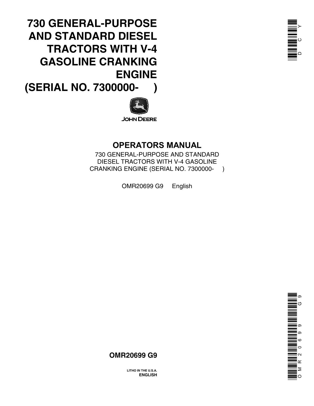 JOHN DEERE 730 TRACTOR OPERATORS MANUAL NORTH AMERICA